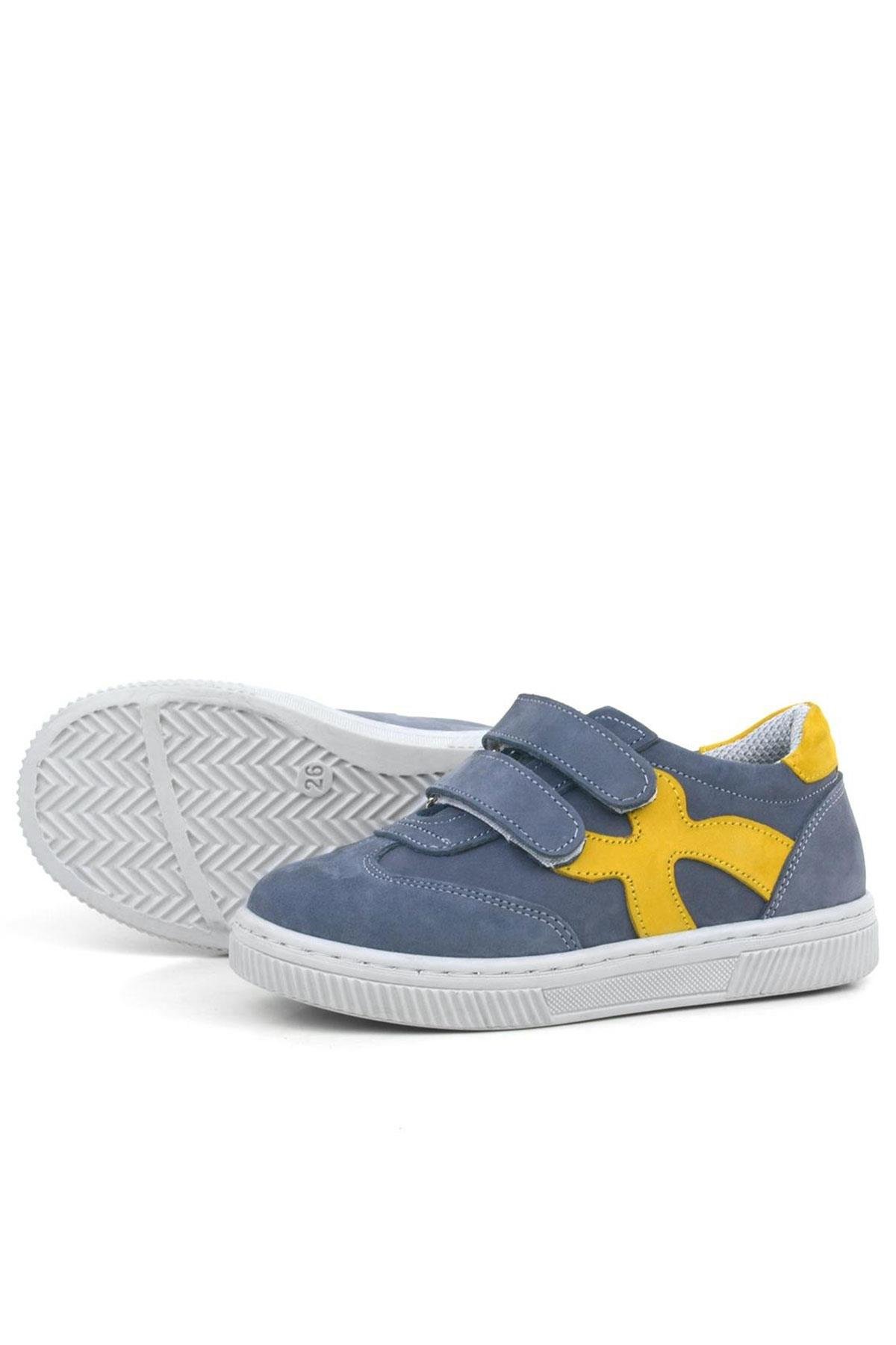 Rakerplus Hakiki Deri Gri Sarı Cırtlı Çocuk Spor Ayakkabı