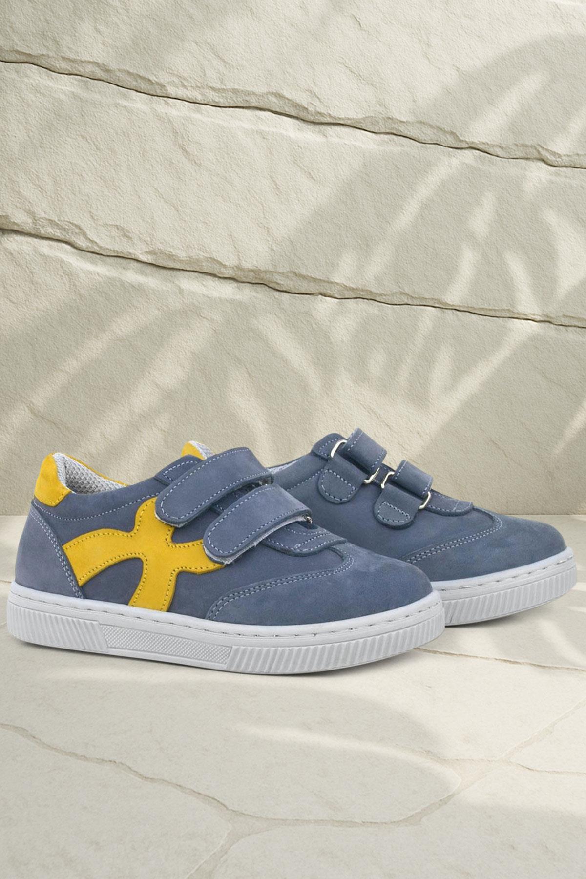 Rakerplus Hakiki Deri Gri Sarı Cırtlı Çocuk Spor Ayakkabı