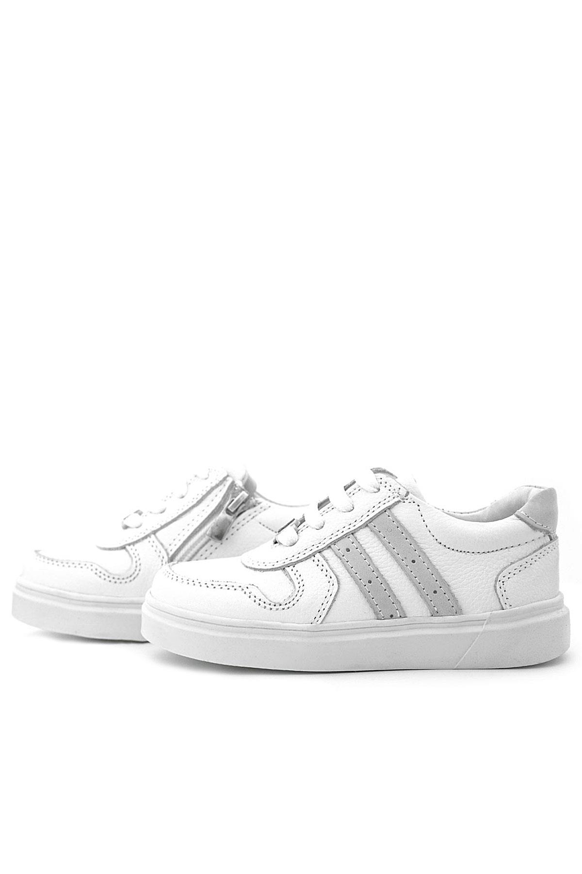 Rakerplus Hakiki Deri Beyaz Bağcıklı Fermuarlı Çocuk Sneaker Ayakkabı