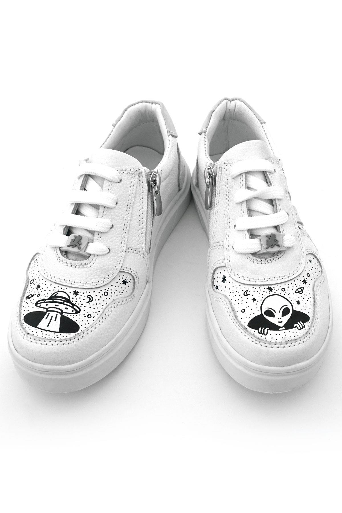 Rakerplus Tbons Özel Tasarım Hakiki Deri Beyaz Bağcıklı Fermuarlı Çocuk Ayakkabı