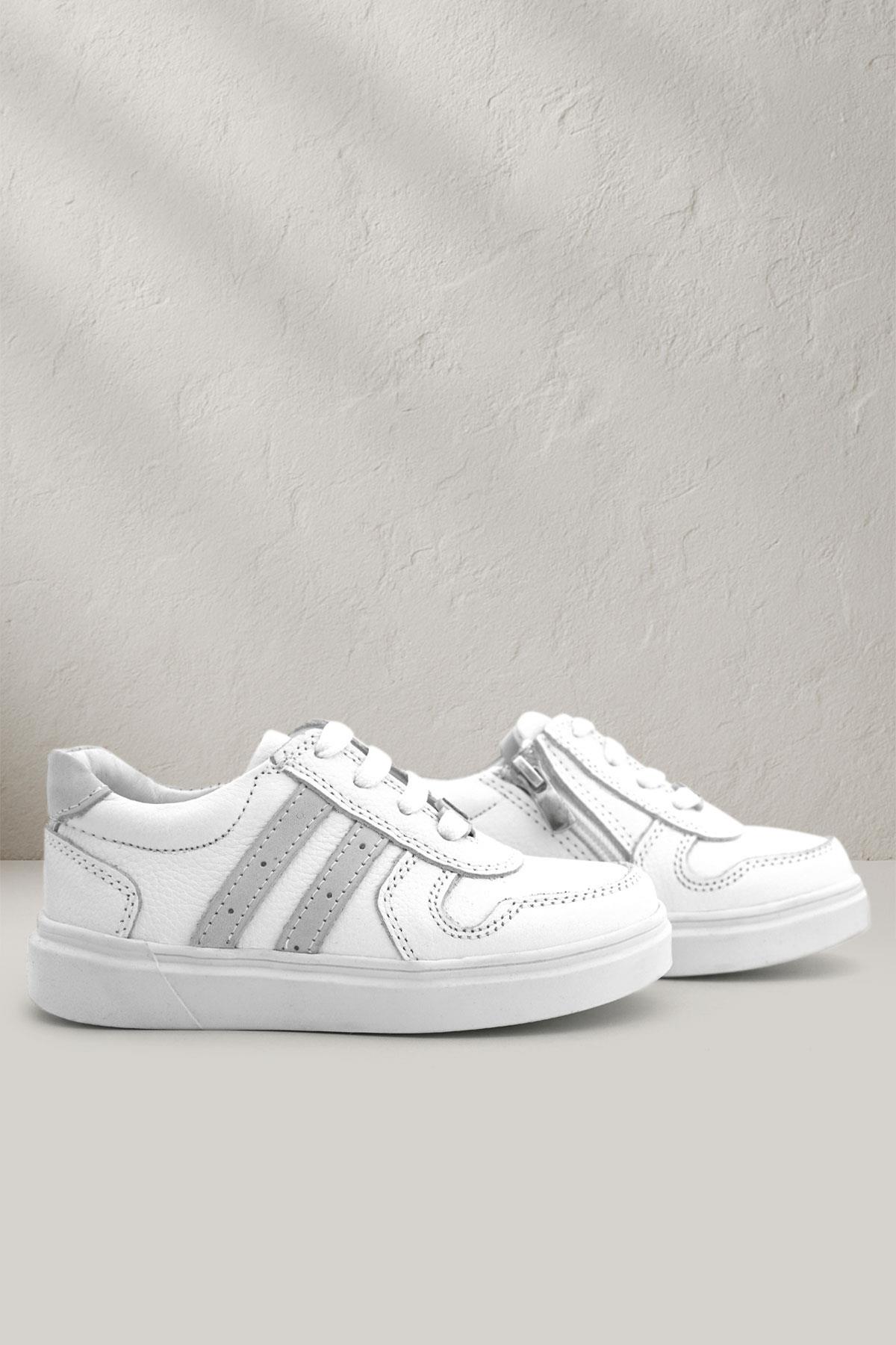 Rakerplus Hakiki Deri Beyaz Bağcıklı Fermuarlı Çocuk Sneaker Ayakkabı