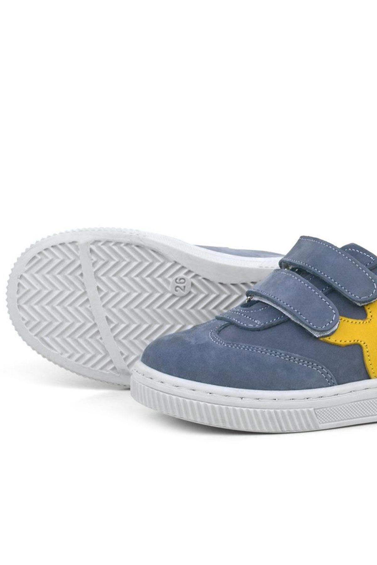 Rakerplus Hakiki Deri Gri Sarı Cırtlı Çocuk Spor Ayakkabı