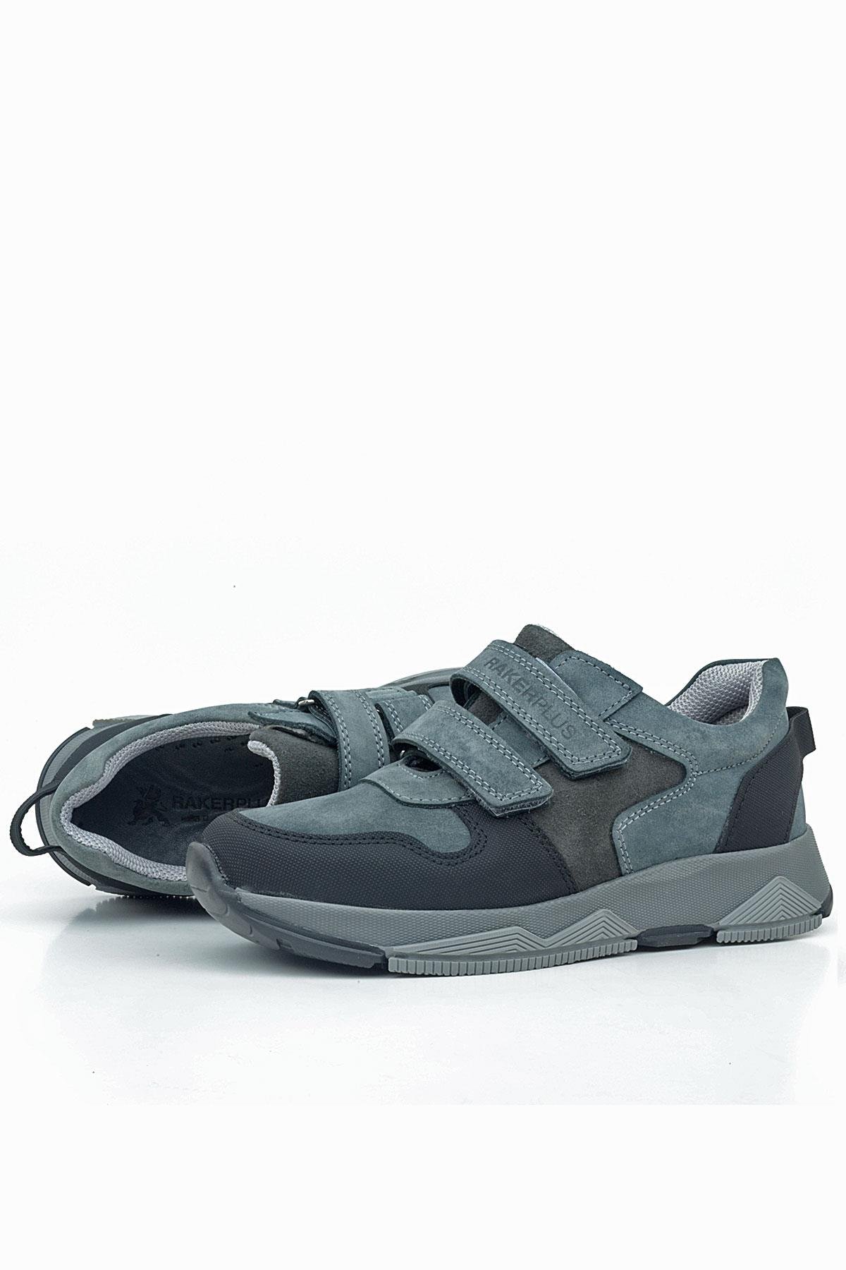Rakerplus Hakiki Deri Koyu Gri Siyah Çocuk Cırtlı Sneakers Spor Ayakkabı