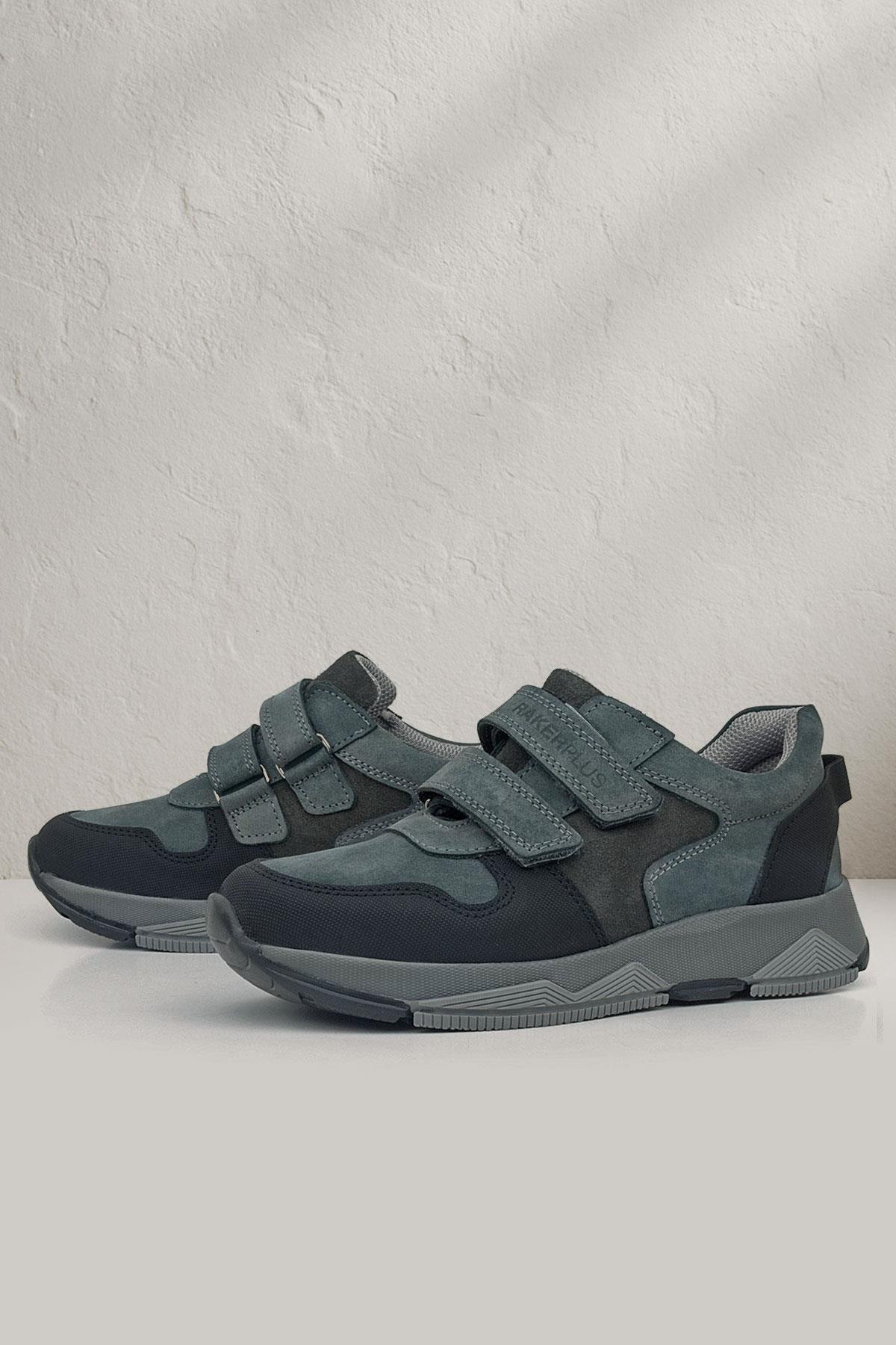 Rakerplus Genuine Leather Dark Gray Black Kids Velcro Sneakers Sports Shoes