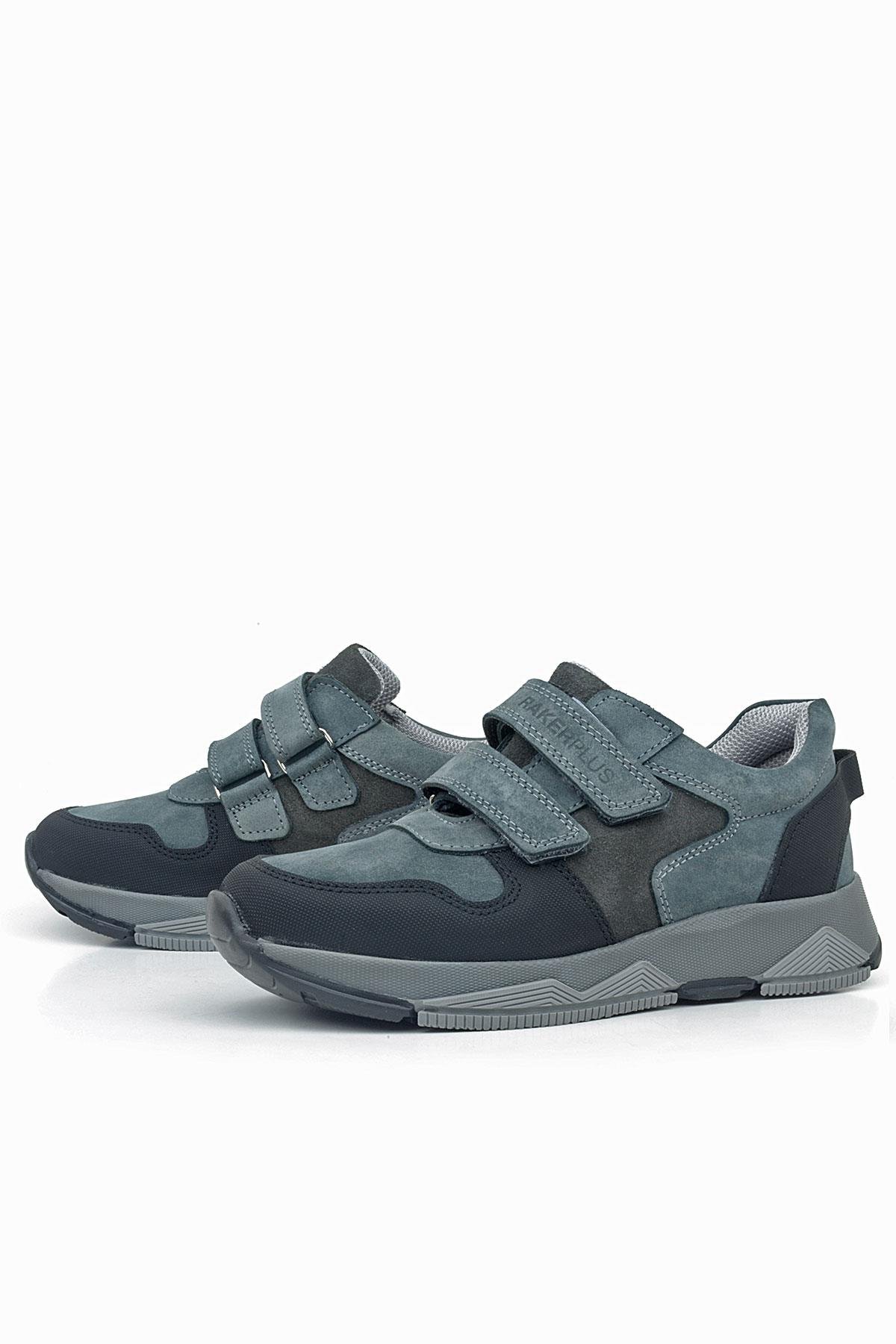Rakerplus Hakiki Deri Koyu Gri Siyah Çocuk Cırtlı Sneakers Spor Ayakkabı