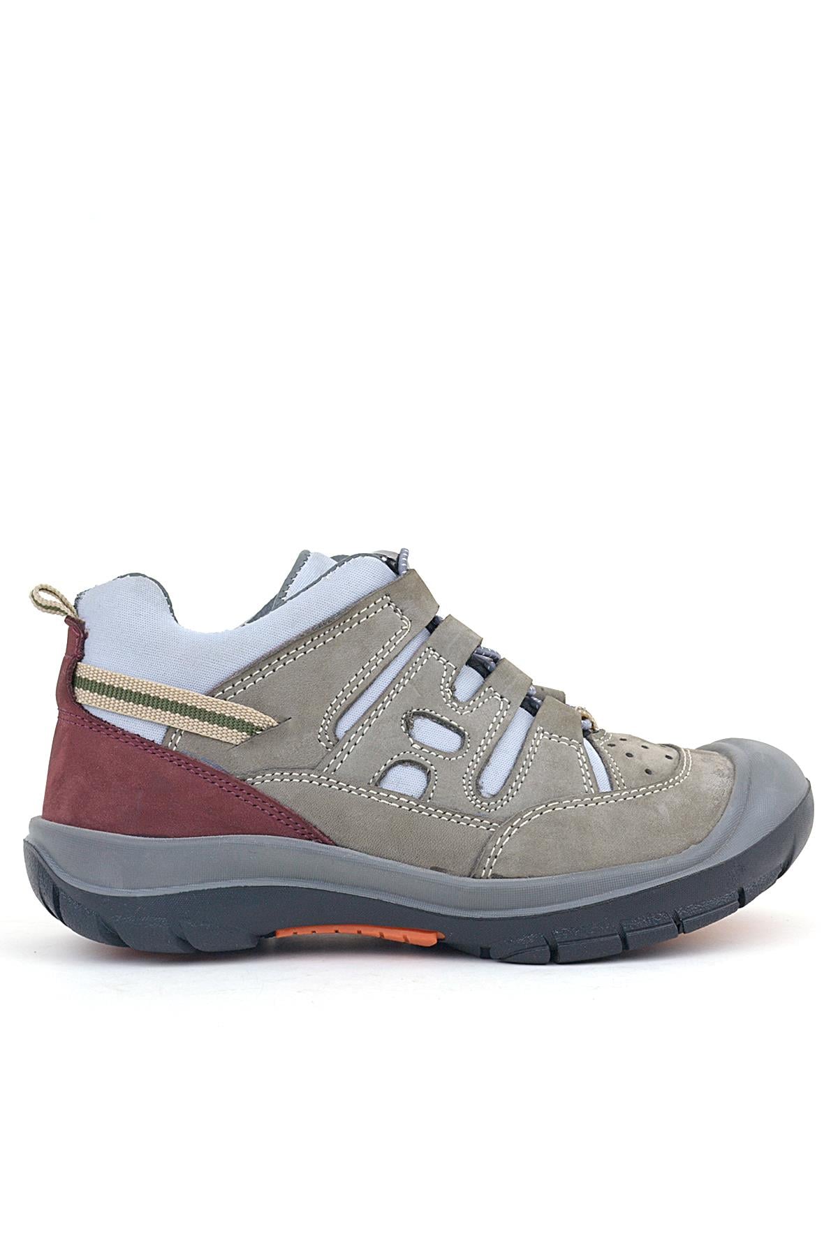 Rakerplus Hakiki Deri Açık Gri Bordo Lastik Bağcıklı Çocuk Outdoor Ayakkabı
