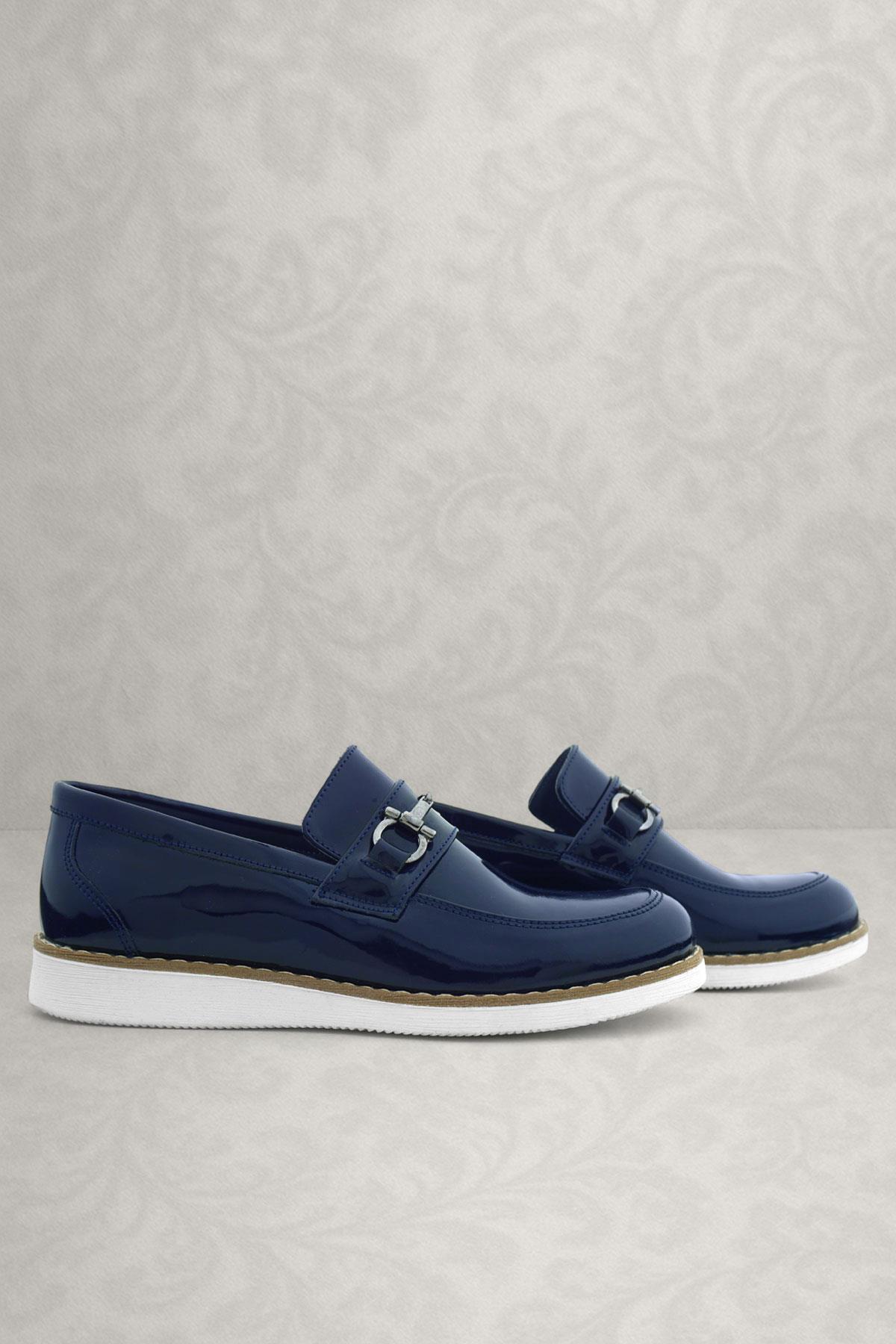 Rakerplus Hakiki Deri Lacivert Rugan Beyaz Tabanlı Loafer Çocuk Klasik Ayakkabı