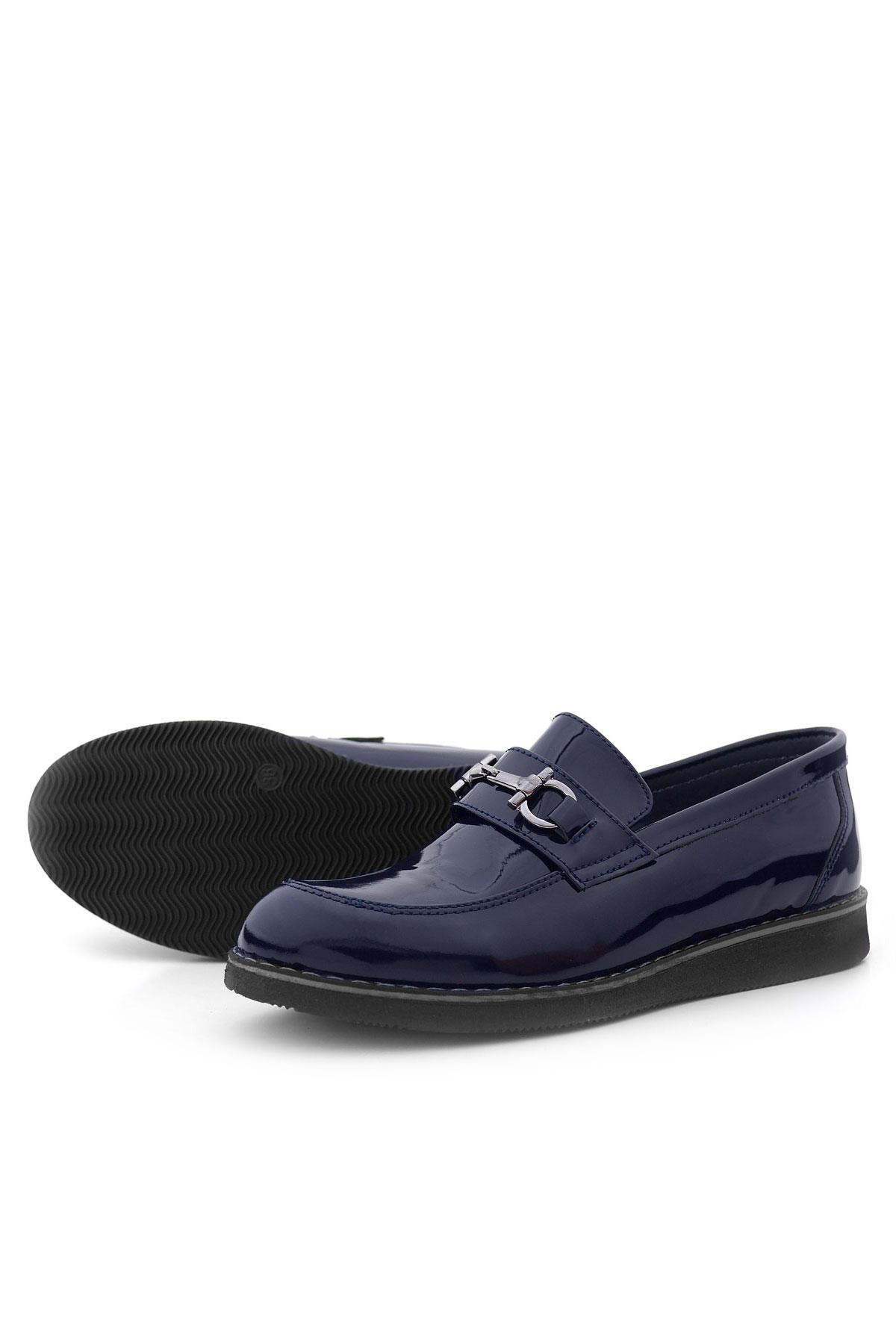 Rakerplus Hakiki Deri Lacivert Rugan Tokalı Loafer Çocuk Klasik Ayakkabı