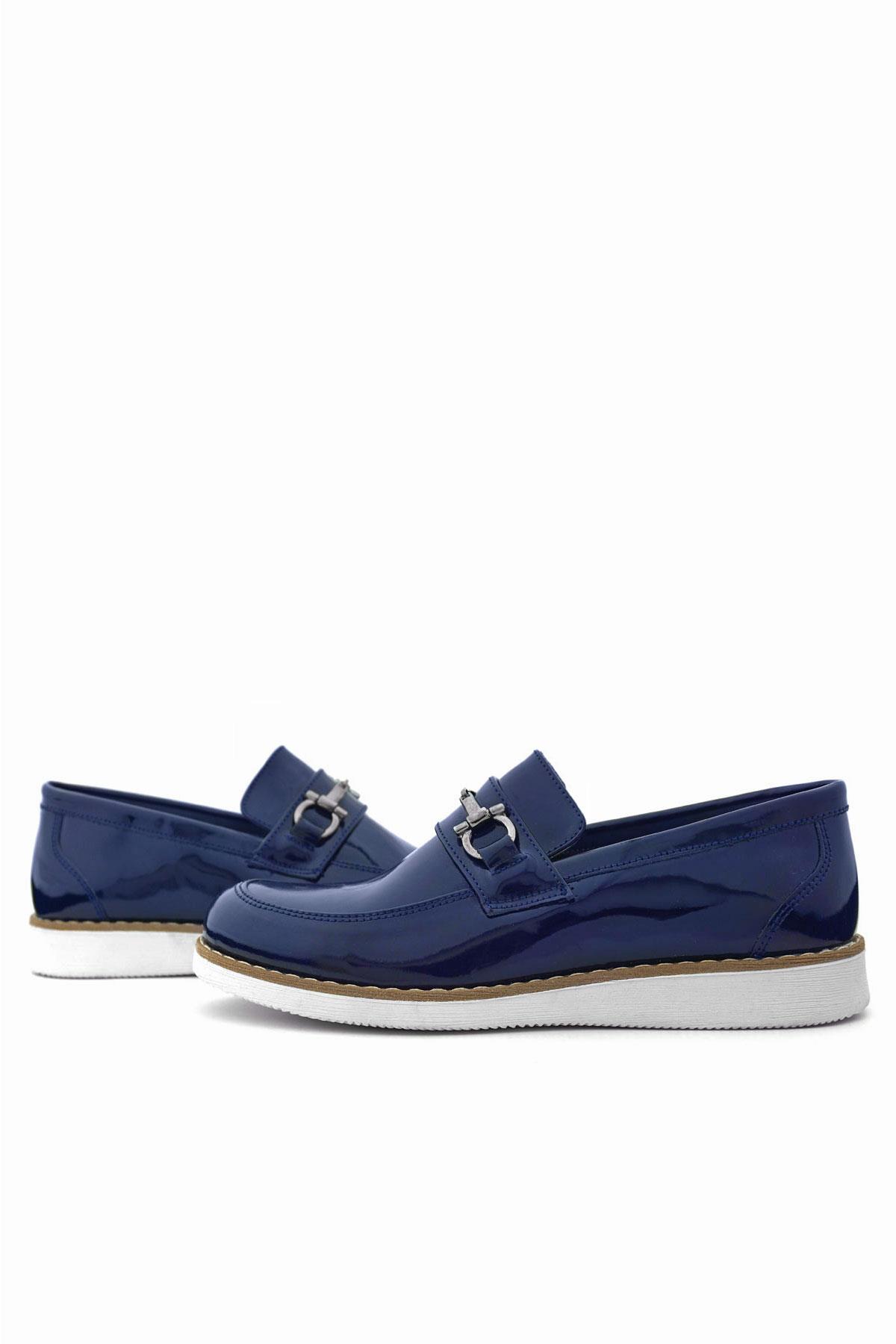 Rakerplus Hakiki Deri Lacivert Rugan Beyaz Tabanlı Loafer Çocuk Klasik Ayakkabı