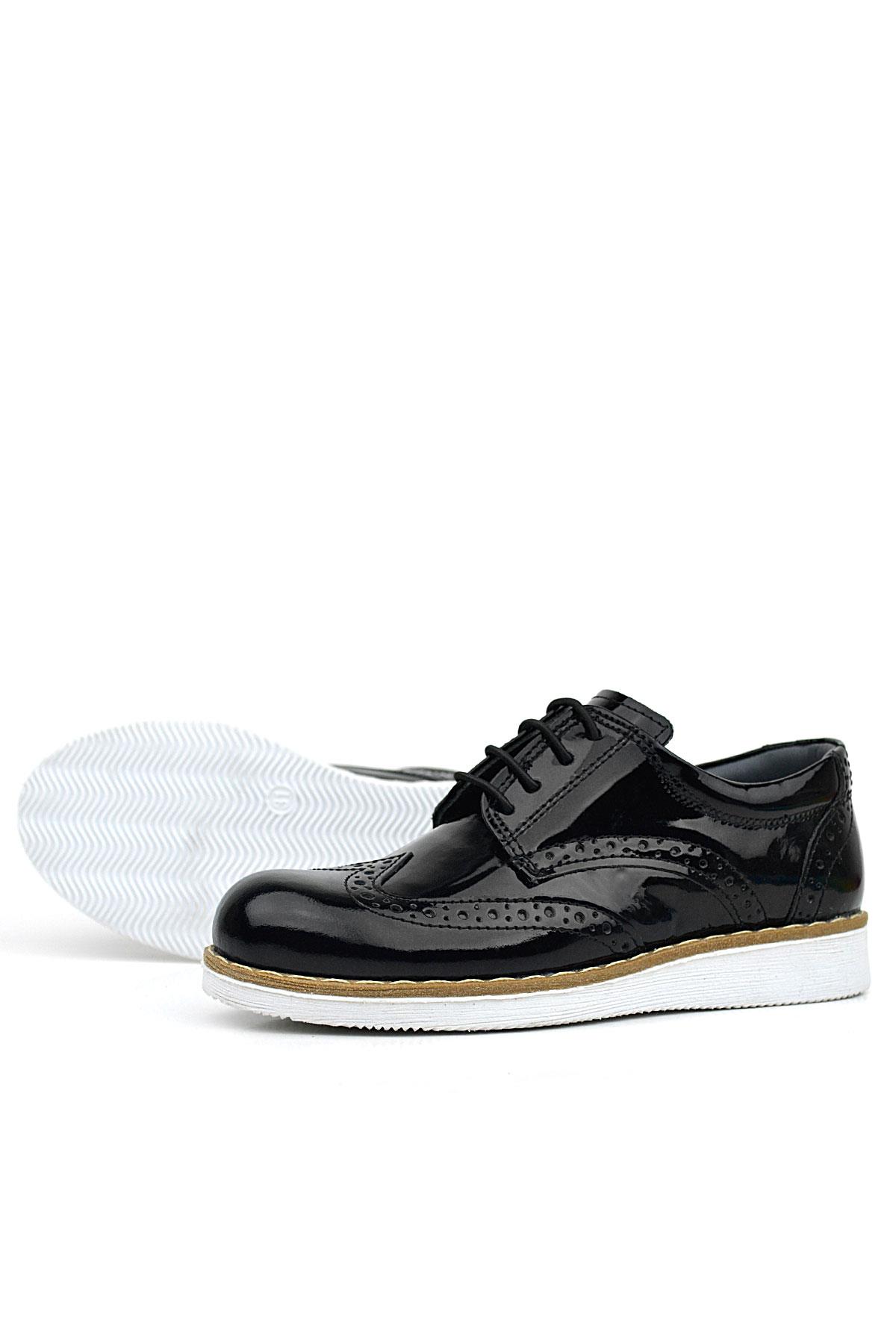 Rakerplus Hidra Hakiki Deri Siyah Rugan Bağcıklı Erkek Çocuk Klasik Ayakkabı