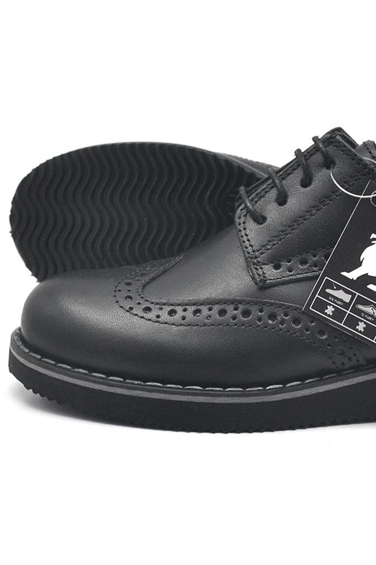 Rakerplus Hakiki Deri Bağcıklı Siyah Erkek Çocuk Klasik Okul Ayakkabı