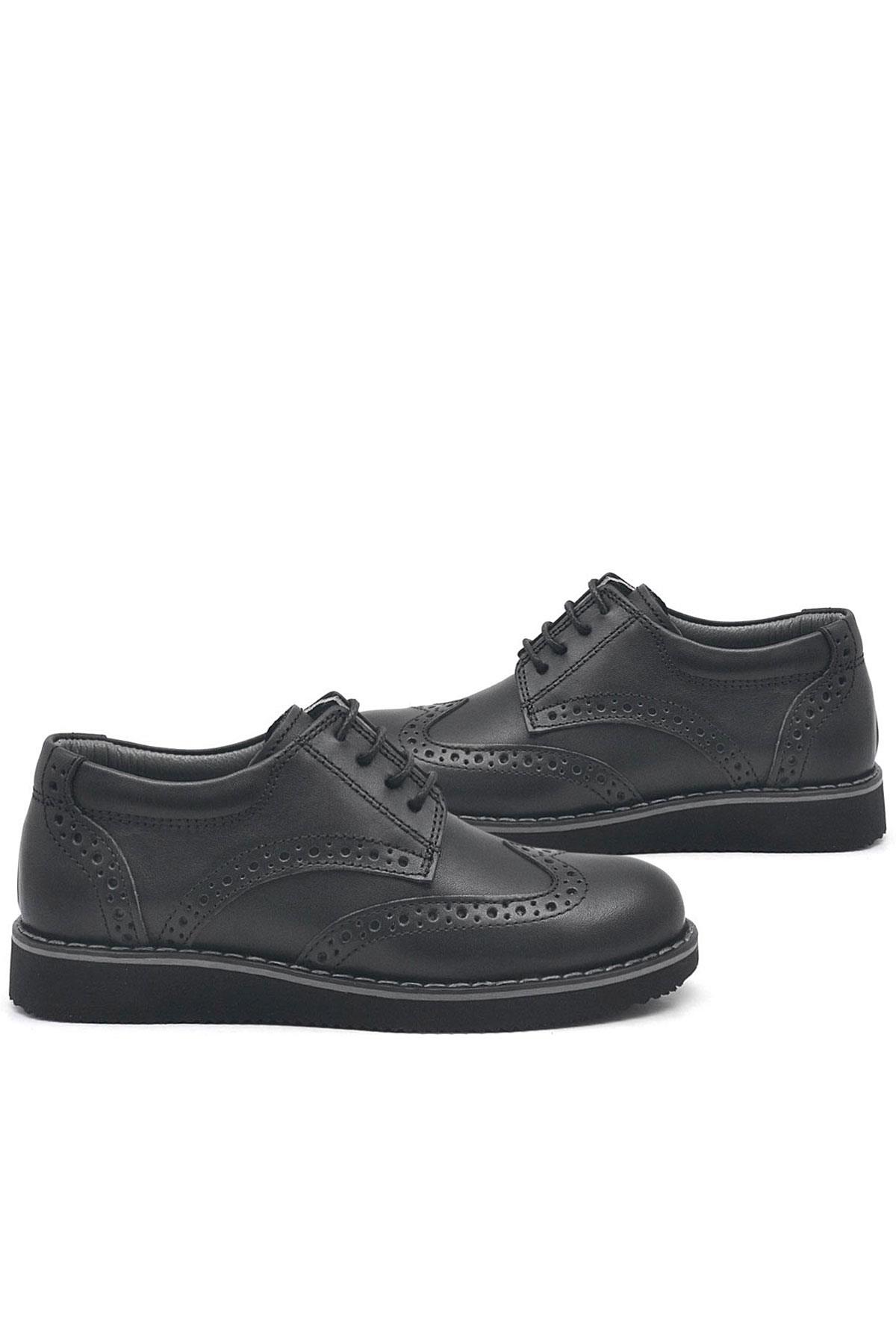 Rakerplus Hakiki Deri Bağcıklı Siyah Erkek Çocuk Klasik Okul Ayakkabı