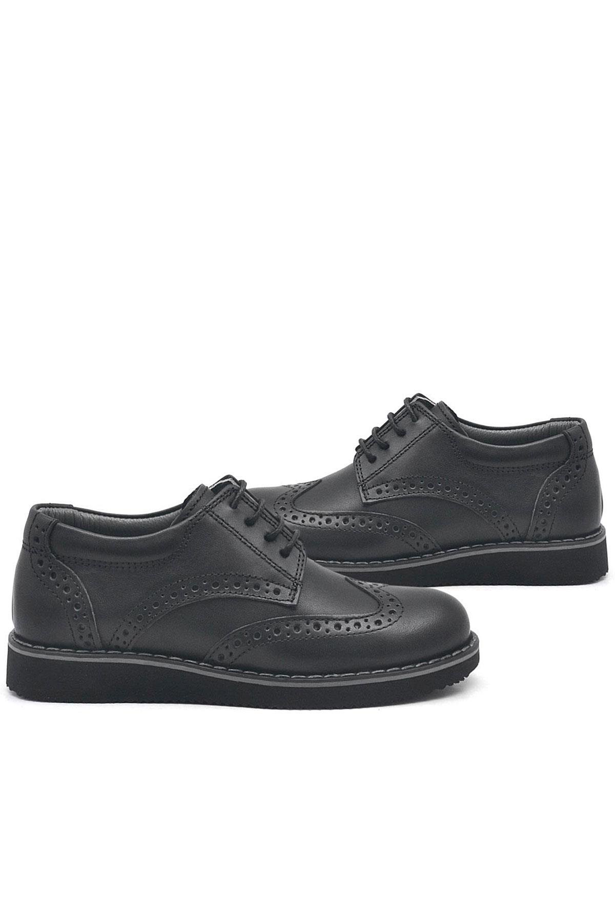 Rakerplus Hakiki Deri Bağcıklı Siyah Erkek Çocuk Klasik Okul Ayakkabı