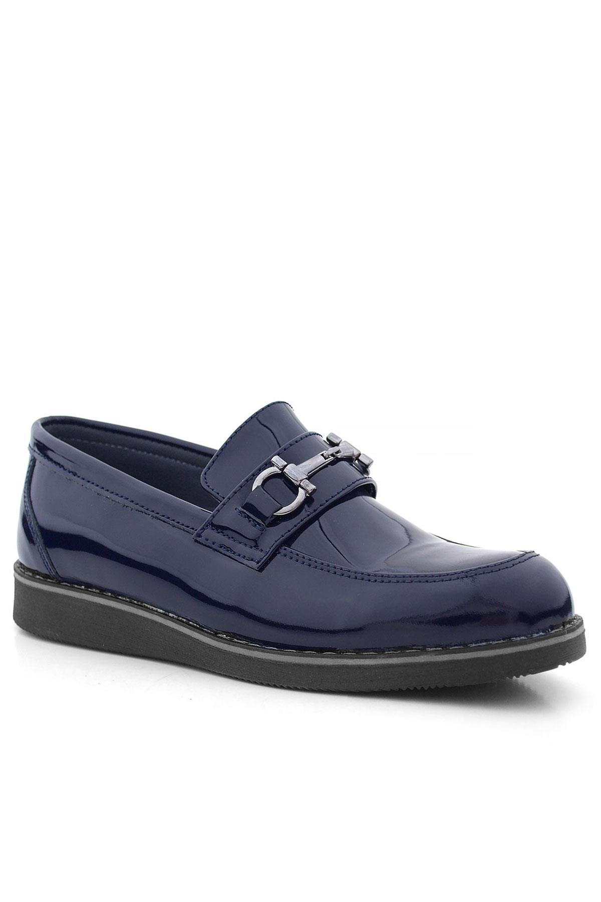 Rakerplus Hakiki Deri Lacivert Rugan Tokalı Loafer Çocuk Klasik Ayakkabı