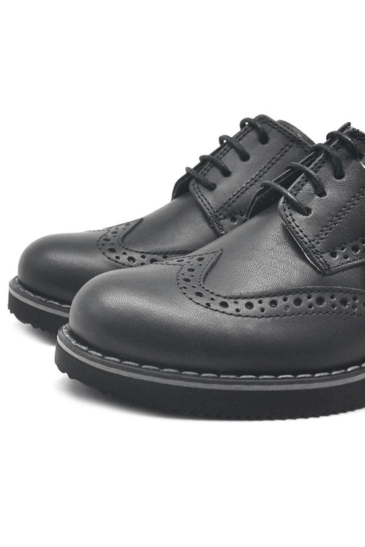 Rakerplus Hakiki Deri Bağcıklı Siyah Erkek Çocuk Klasik Okul Ayakkabı