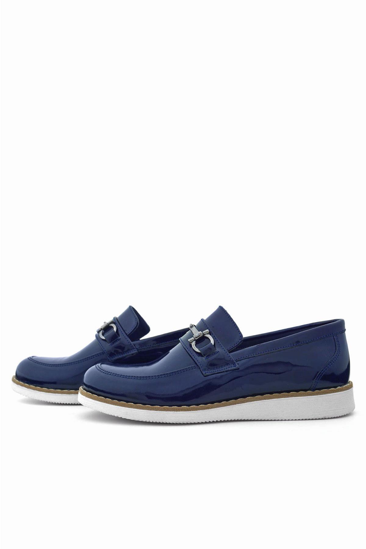 Rakerplus Hakiki Deri Lacivert Rugan Beyaz Tabanlı Loafer Çocuk Klasik Ayakkabı