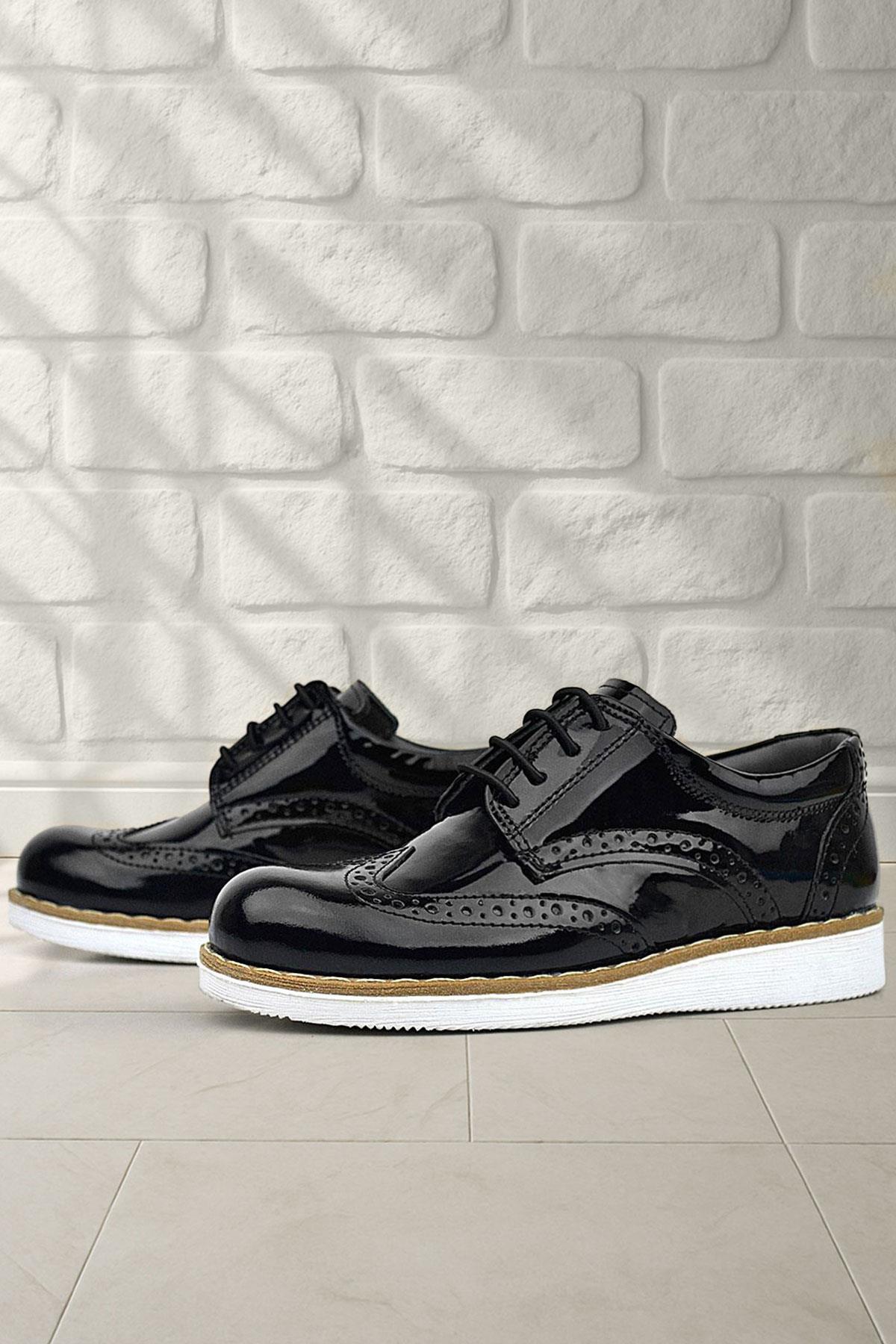 Rakerplus Hidra Siyah Rugan Beyaz Tabanlı Bağcıklı Erkek Çocuk Klasik Ayakkabı