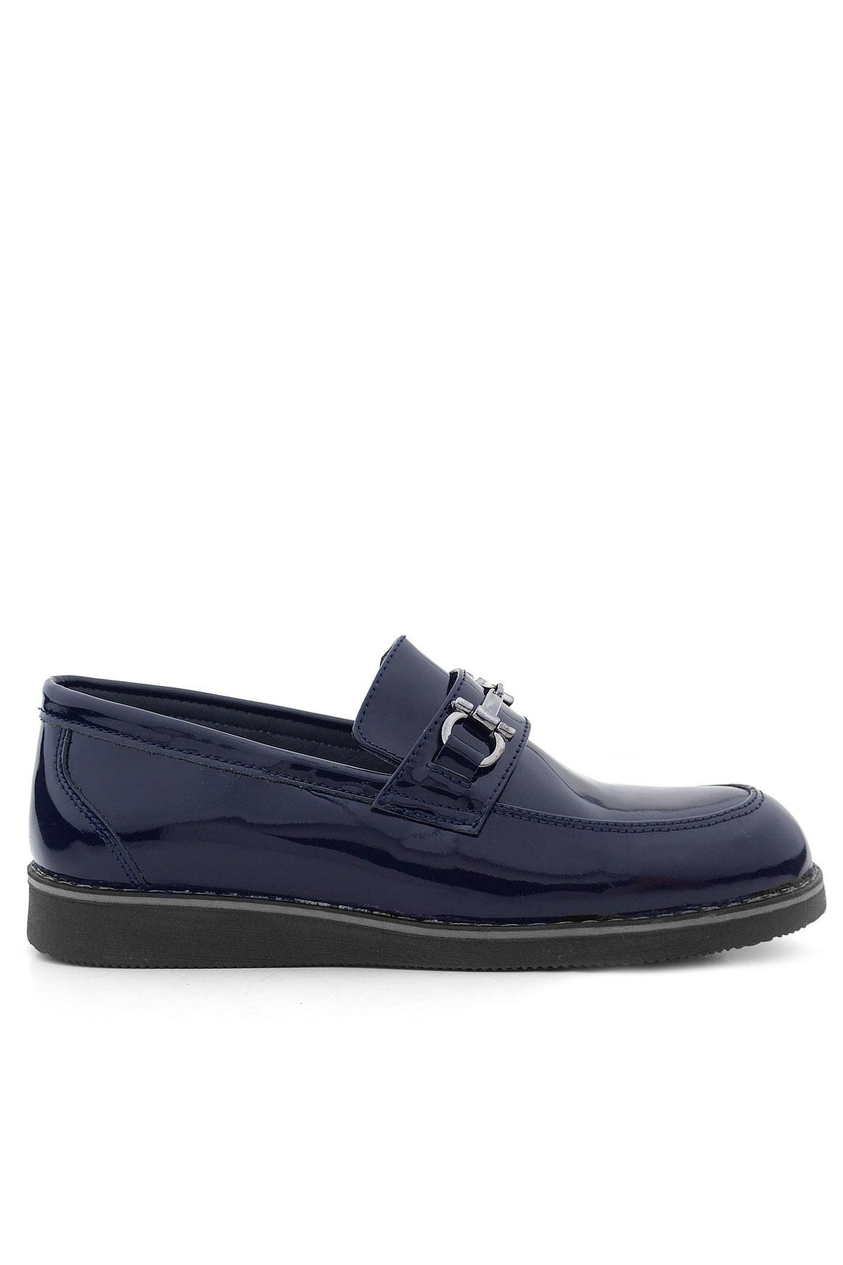 Rakerplus Hakiki Deri Lacivert Rugan Tokalı Loafer Çocuk Klasik Ayakkabı