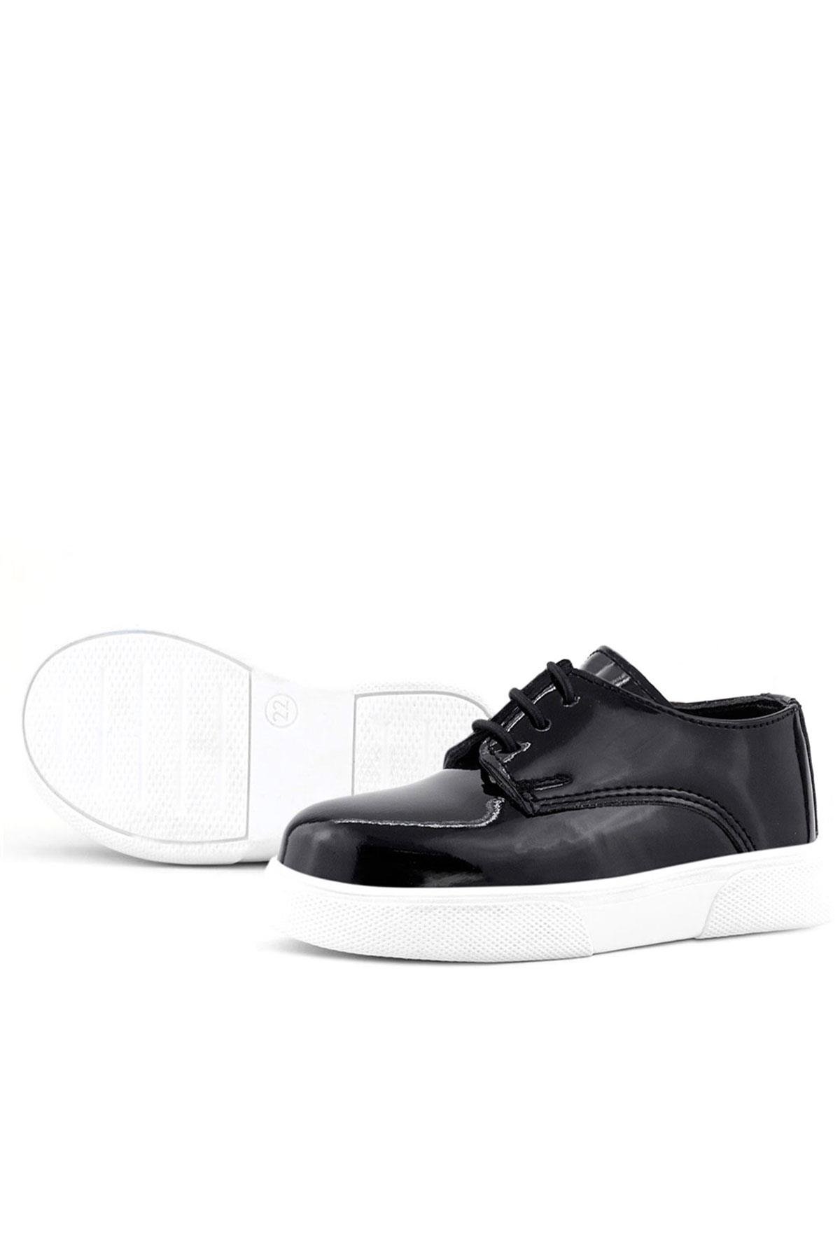 Rakerplus Derby Siyah Rugan Beyaz Taban Çocuk Klasik Ayakkabı
