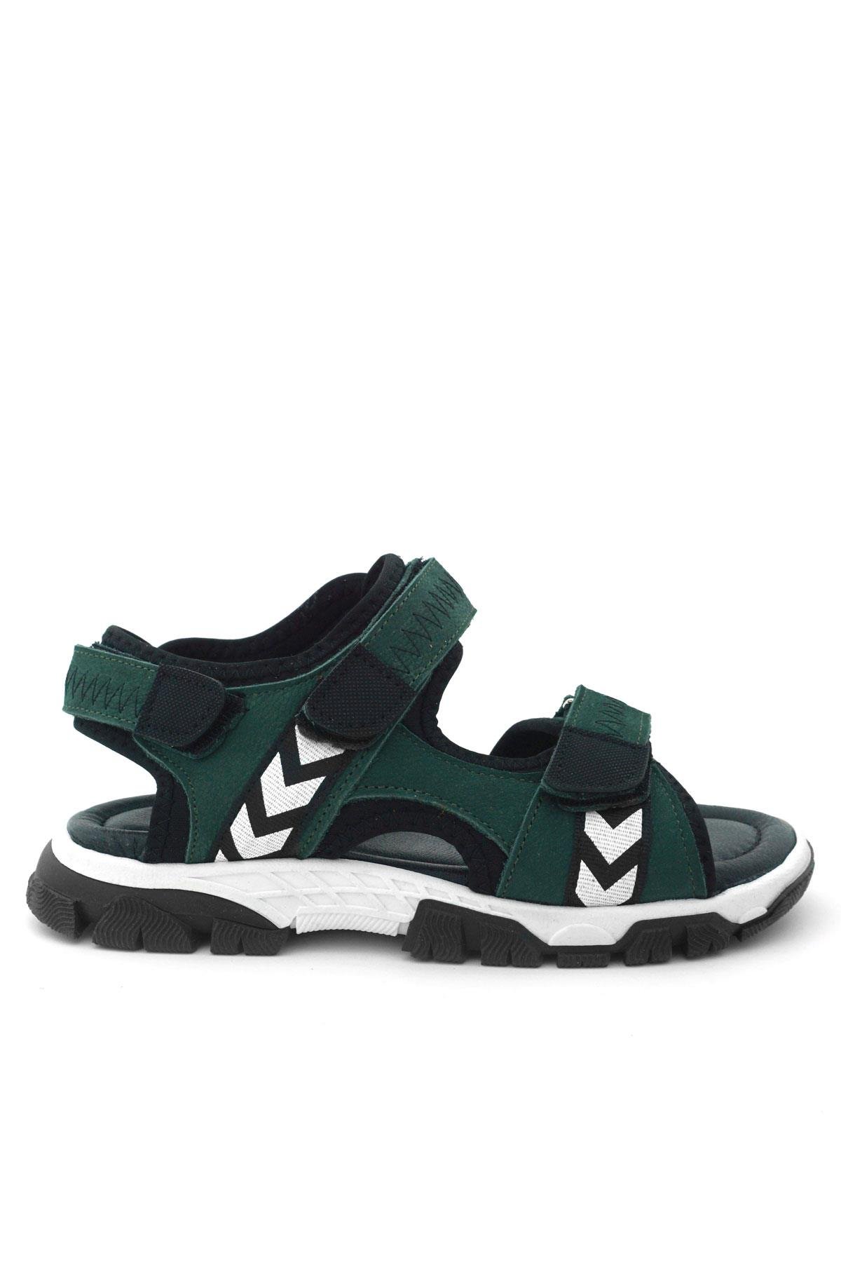 Hakiki Deri Yeşil Siyah Cırt Cırtlı Erkek Çocuk Sandalet