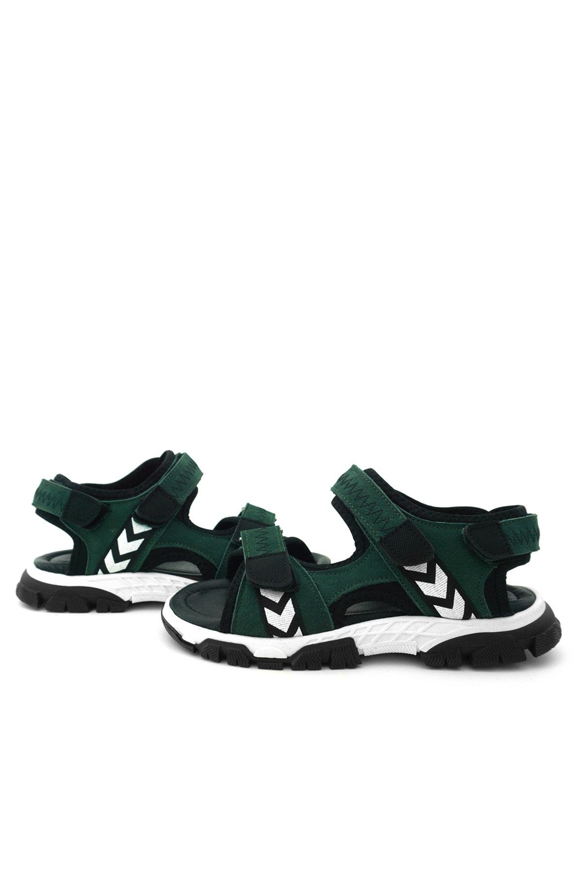 Hakiki Deri Yeşil Siyah Cırt Cırtlı Erkek Çocuk Sandalet