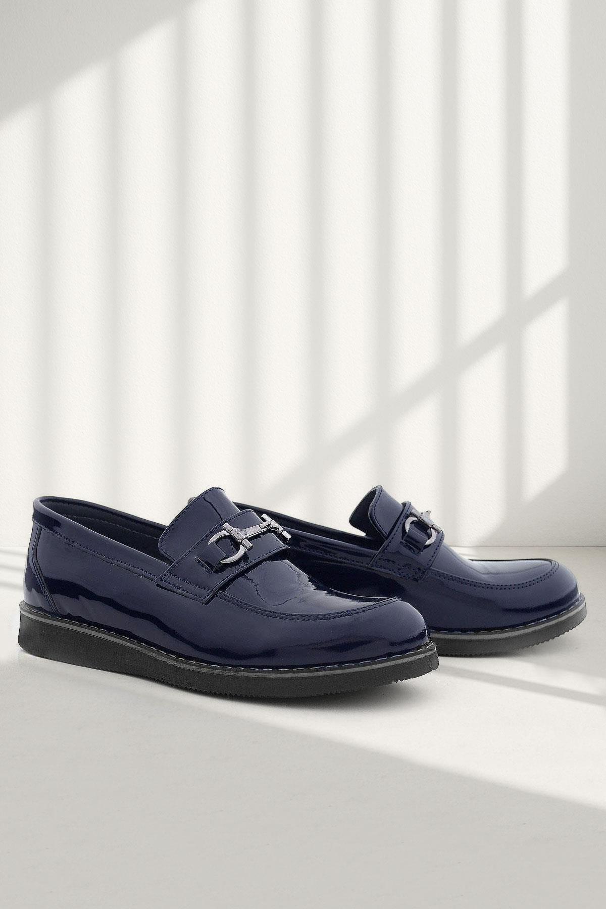 Rakerplus Hakiki Deri Lacivert Rugan Tokalı Loafer Çocuk Klasik Ayakkabı 3052-LR-DERI.39