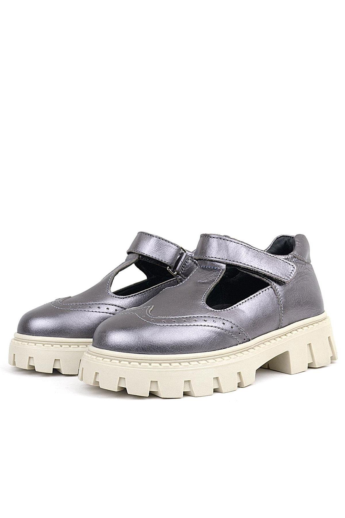 Rakerplus Genuine Leather Platinium Cream Sole Velcro Girls School Shoes 910-PLB-DERI.26