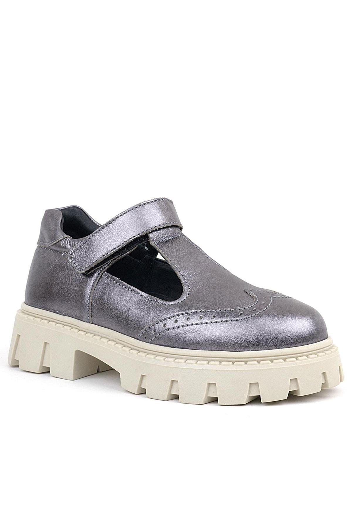 Rakerplus Genuine Leather Platinium Cream Sole Velcro Girls School Shoes 910-PLB-DERI.26