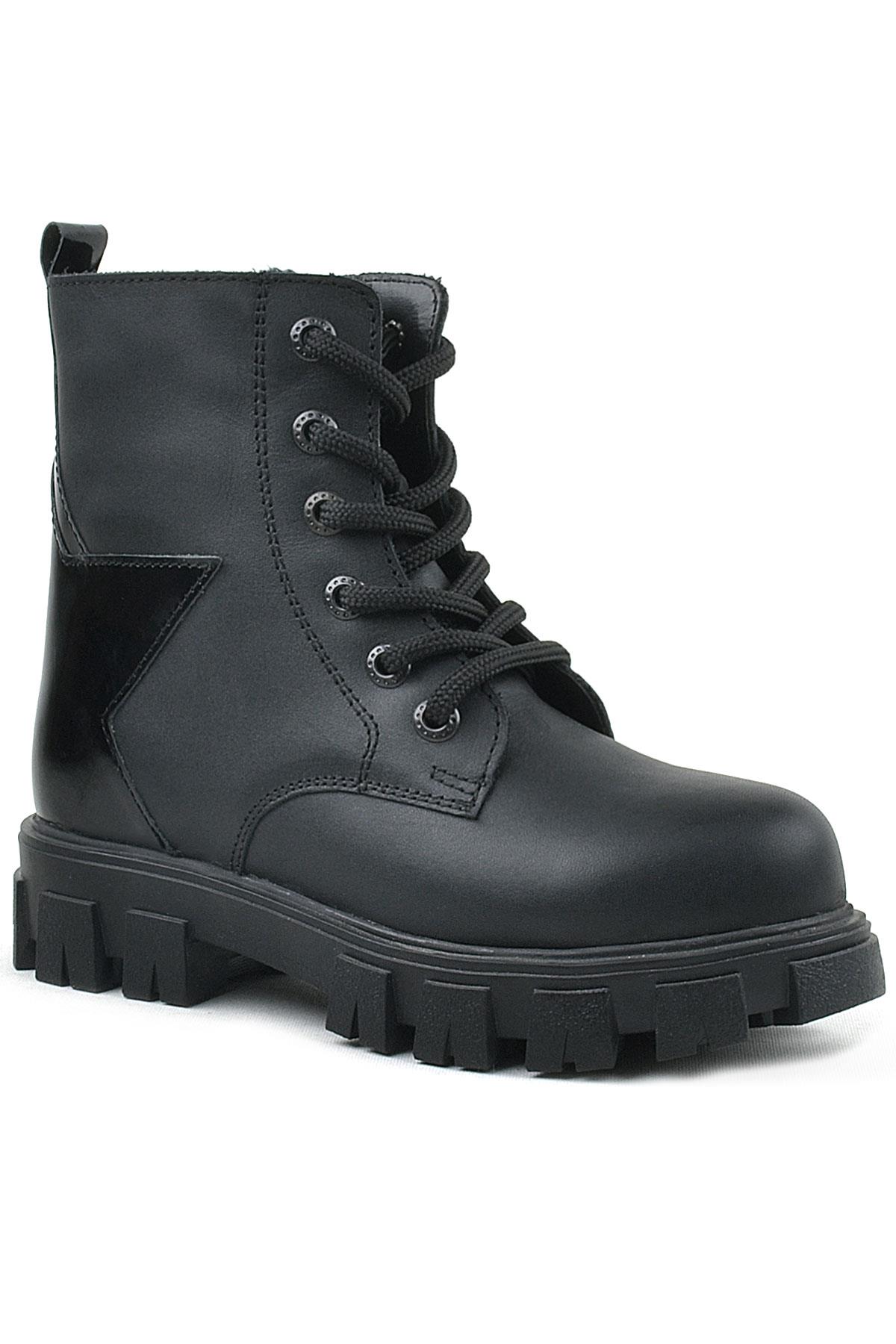 Rakerplus Hakiki Deri Siyah Yıldız Detaylı Kız Çocuk Bot 9760-S1-DERI.35