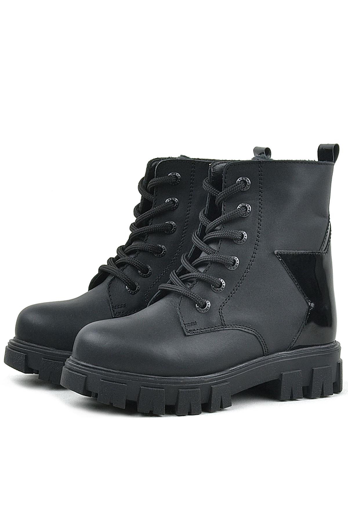 Rakerplus Hakiki Deri Siyah Yıldız Detaylı Kız Çocuk Bot 9760-S1-DERI.35