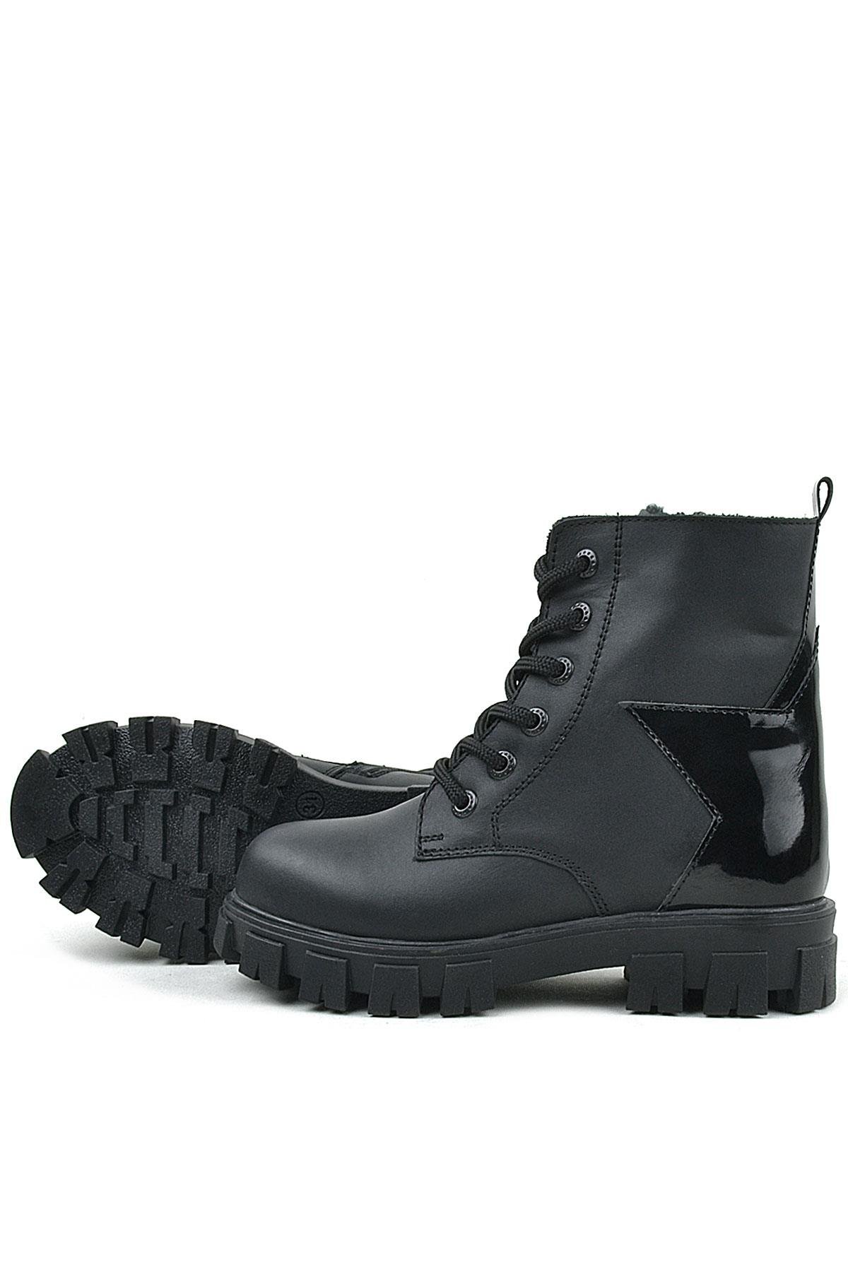 Rakerplus Hakiki Deri Siyah Yıldız Detaylı Kız Çocuk Bot 9760-S1-DERI.35