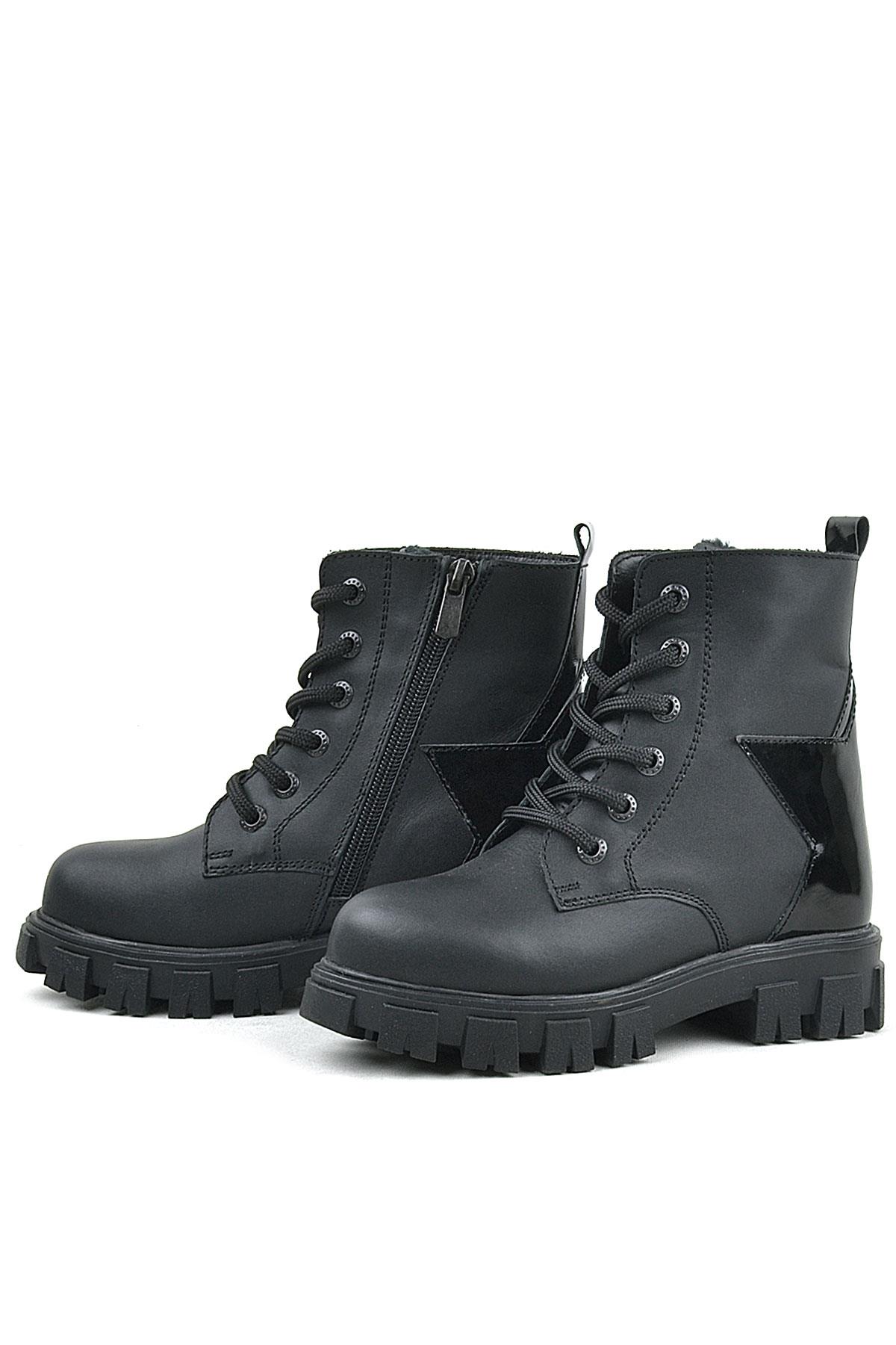 Rakerplus Hakiki Deri Siyah Yıldız Detaylı Kız Çocuk Bot 9760-S1-DERI.35