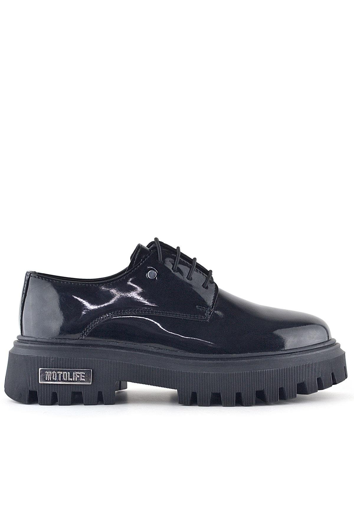 Rakerplus Black Patent Leather Lace-Up Oxford Metal Detailed Casual Shoes