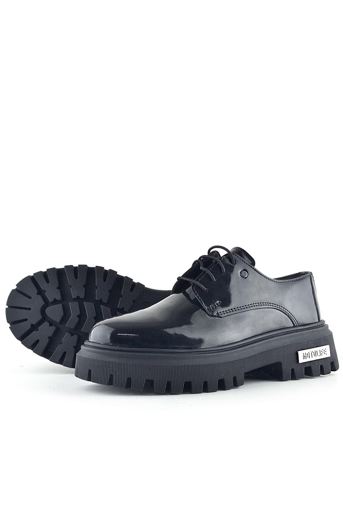 Rakerplus Black Patent Leather Lace-Up Oxford Metal Detailed Casual Shoes