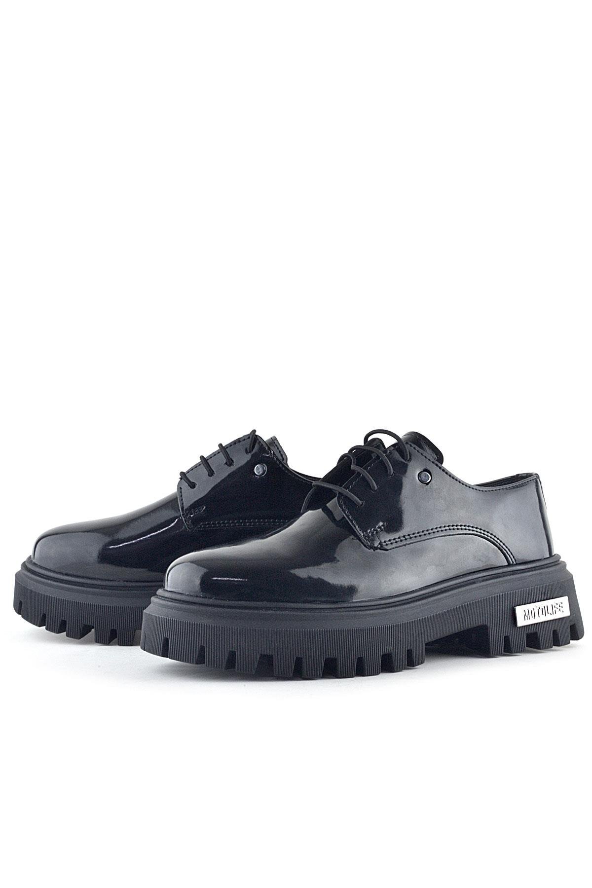 Rakerplus Black Patent Leather Lace-Up Oxford Metal Detailed Casual Shoes