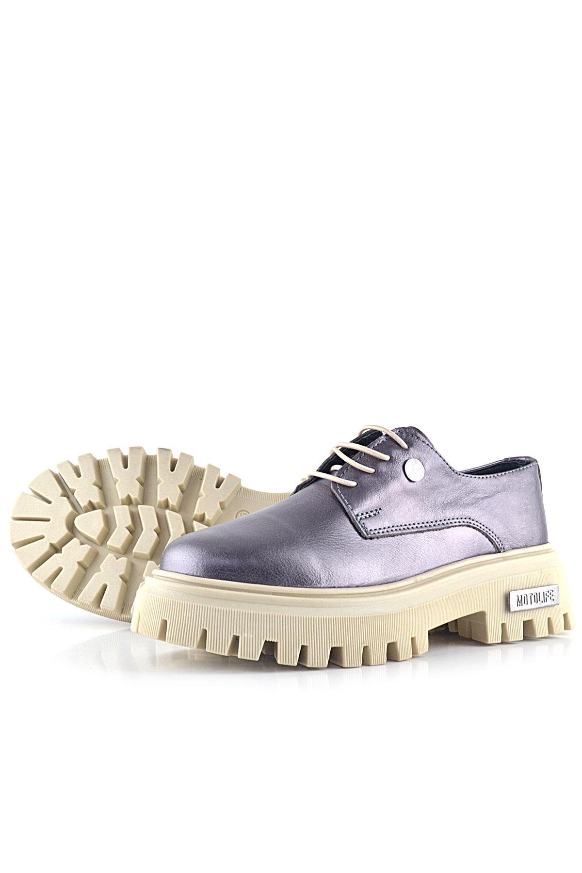 Rakerplus Platin Hakiki Deri Metal Detaylı Bağcıklı Günlük Oxford Ayakkabı