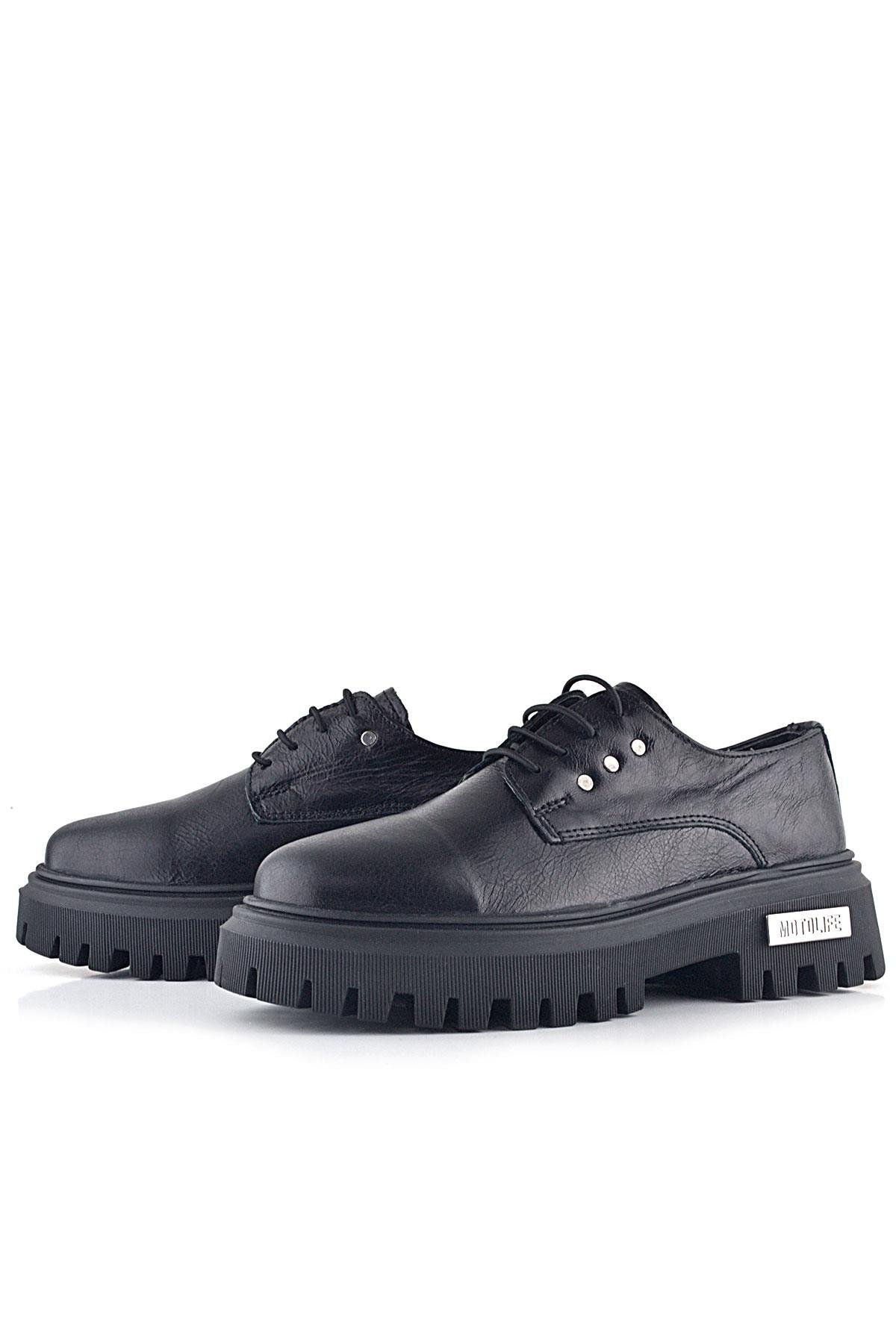 Rakerplus Siyah Kırışık Hakiki Deri Bağcıklı Metal Detaylı GünlükOxford Ayakkabı