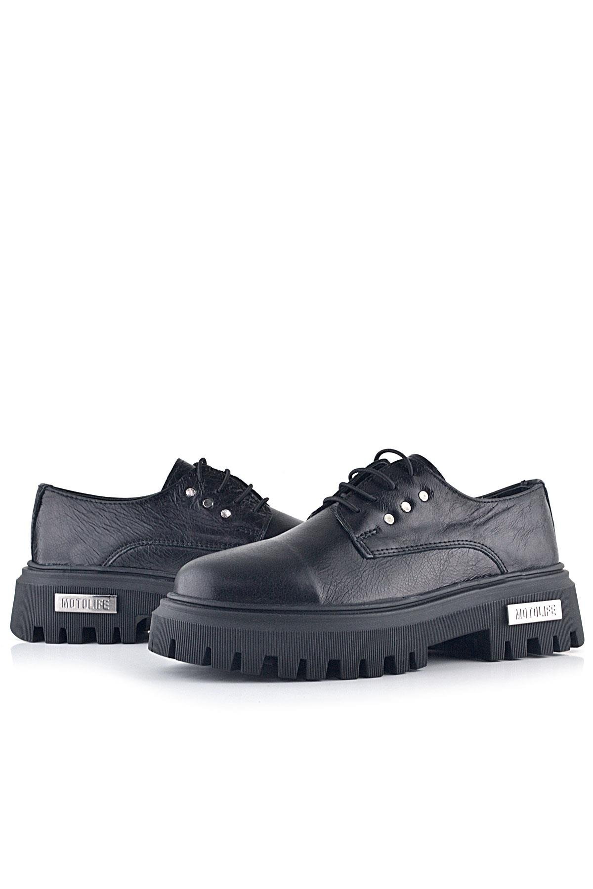 Rakerplus Siyah Kırışık Hakiki Deri Bağcıklı Metal Detaylı GünlükOxford Ayakkabı