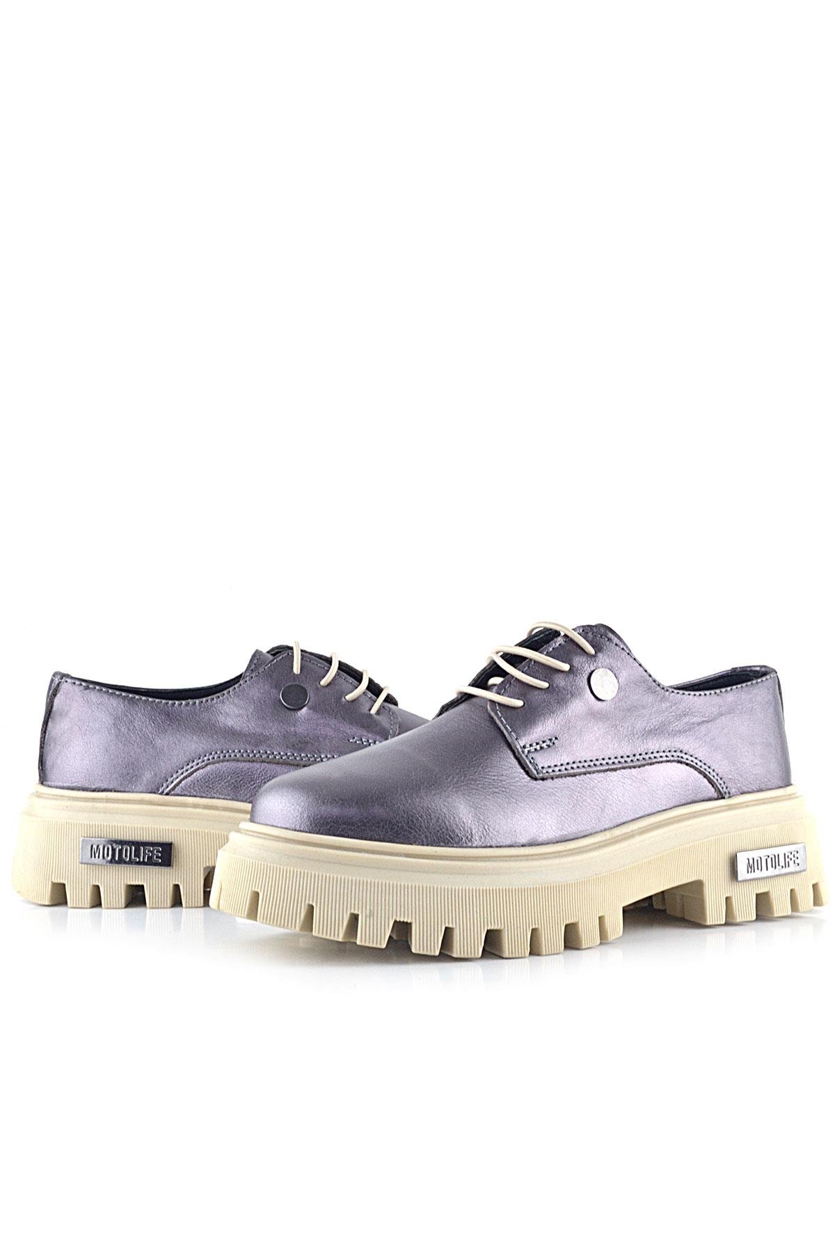 Rakerplus Platin Hakiki Deri Metal Detaylı Bağcıklı Günlük Oxford Ayakkabı