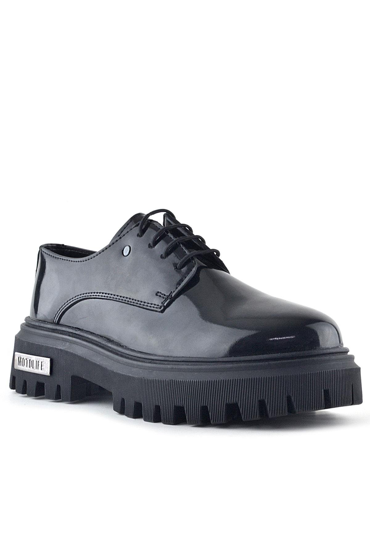 Rakerplus Black Patent Leather Lace-Up Oxford Metal Detailed Casual Shoes