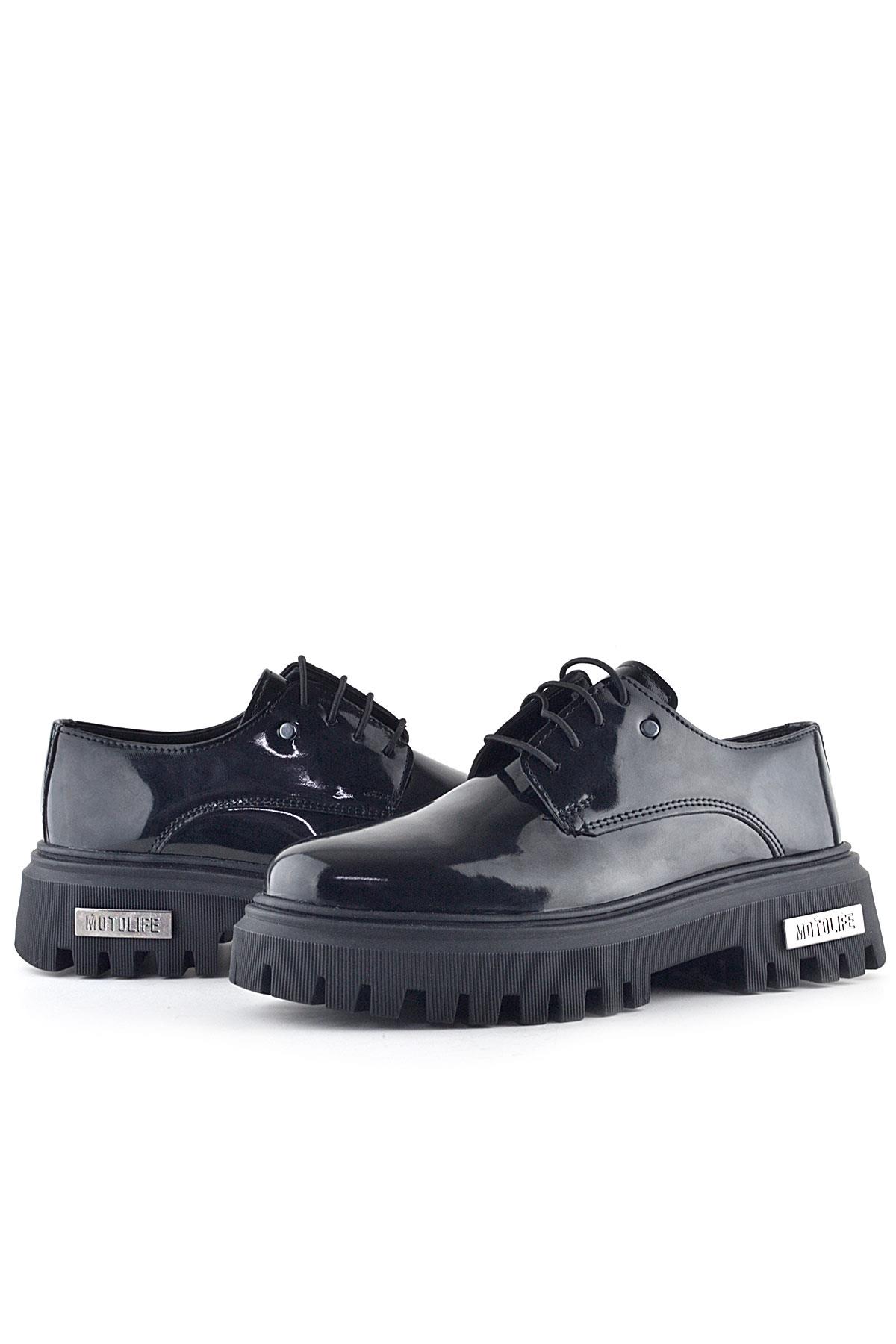 Rakerplus Black Patent Leather Lace-Up Oxford Metal Detailed Casual Shoes