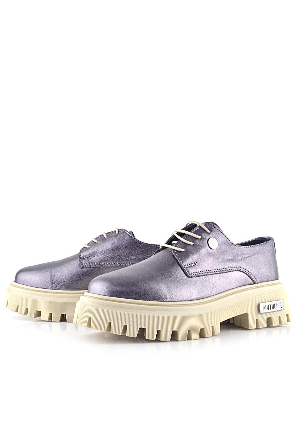 Rakerplus Platin Hakiki Deri Metal Detaylı Bağcıklı Günlük Oxford Ayakkabı