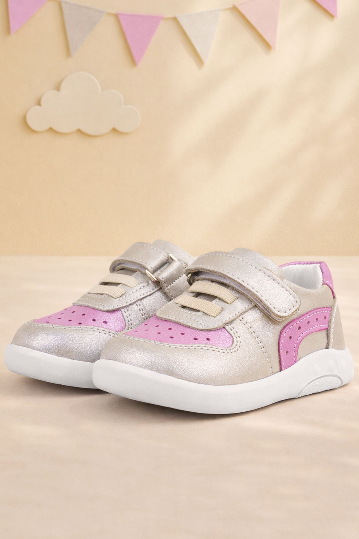 Rakerplus Genuine Leather Anatomic Shiny Silver Pink Baby Sports Shoes