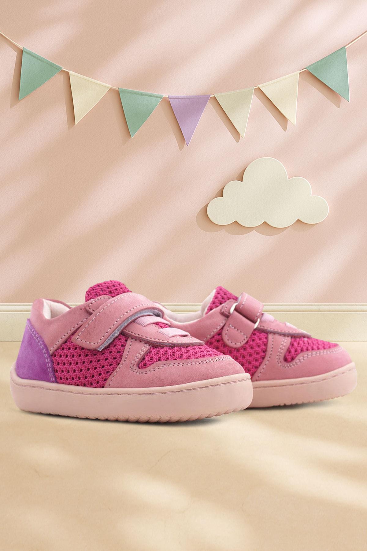 Rakerplus Bob Hakiki Deri Pembe Mor Barefoot Cırtlı Lastikli Bebek Sneaker Ayakkabı