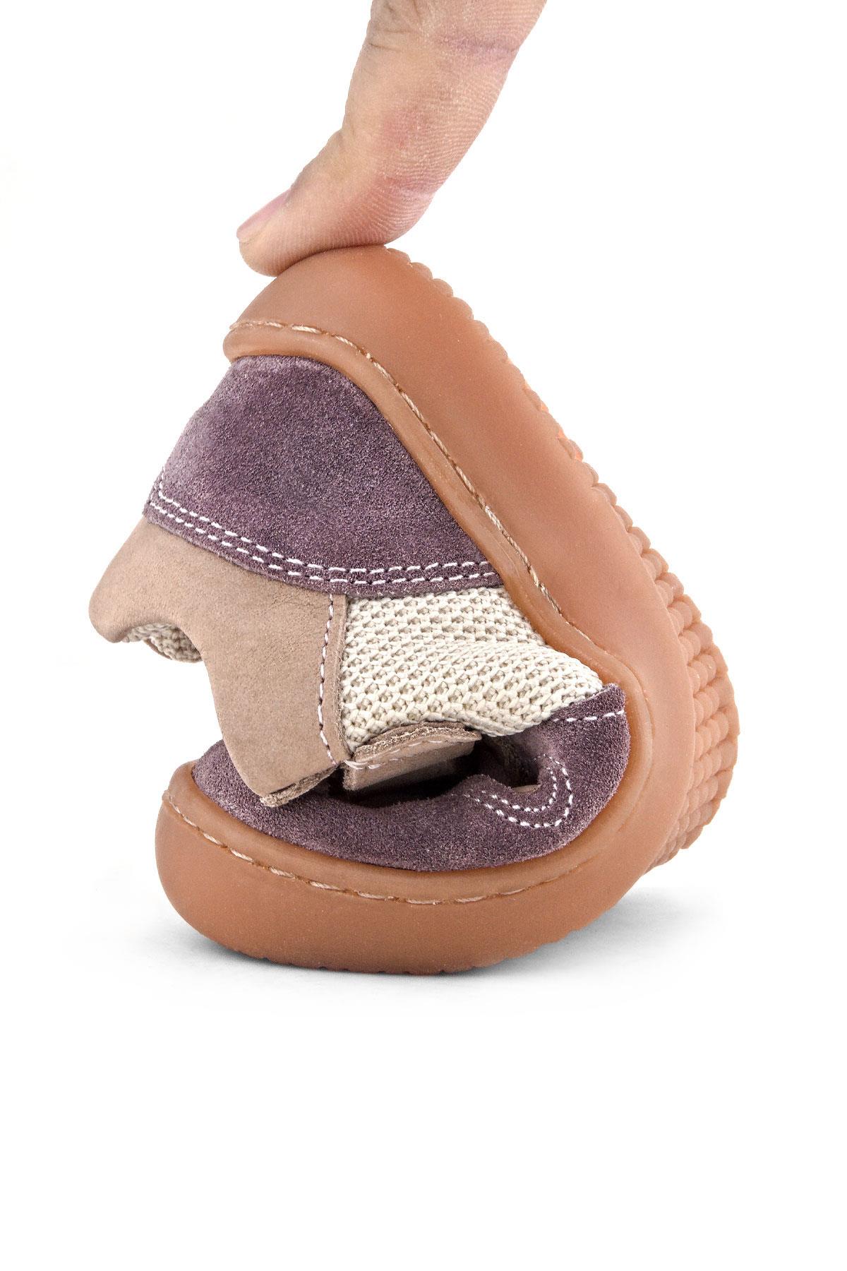 Rakerplus Bob Hakiki Deri Mor Pudra Barefoot Cırtlı Lastikli Bebek Sneaker Ayakkabı