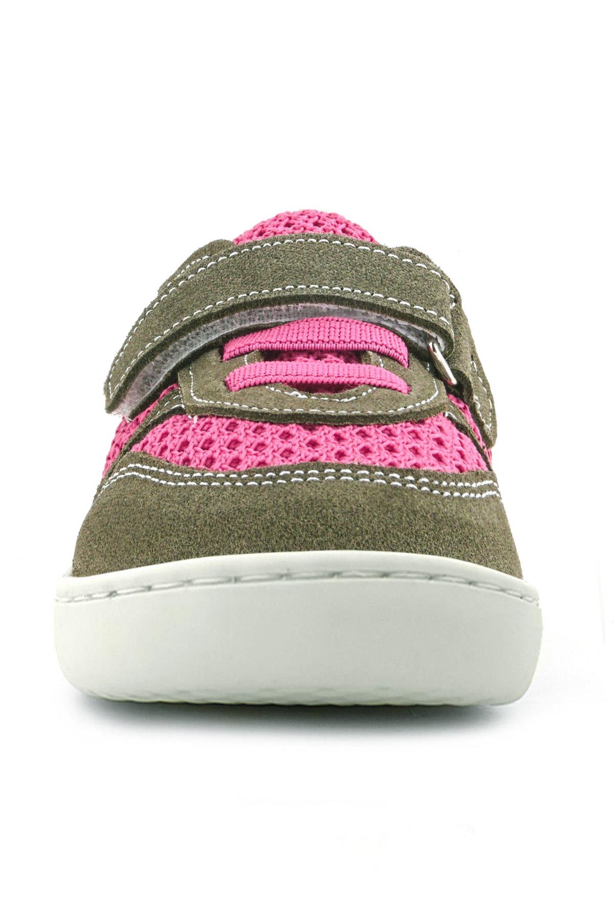 Rakerplus Bob Hakiki Deri Haki Yeşil Pembe Barefoot Cırtlı Lastikli Bebek Sneaker Ayakkabı