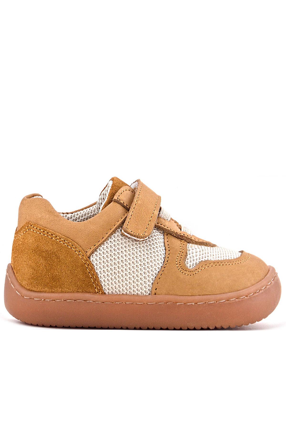 Rakerplus Bob Hakiki Deri Taba Krem Barefoot Cırtlı Lastikli Bebek Sneaker Ayakkabı