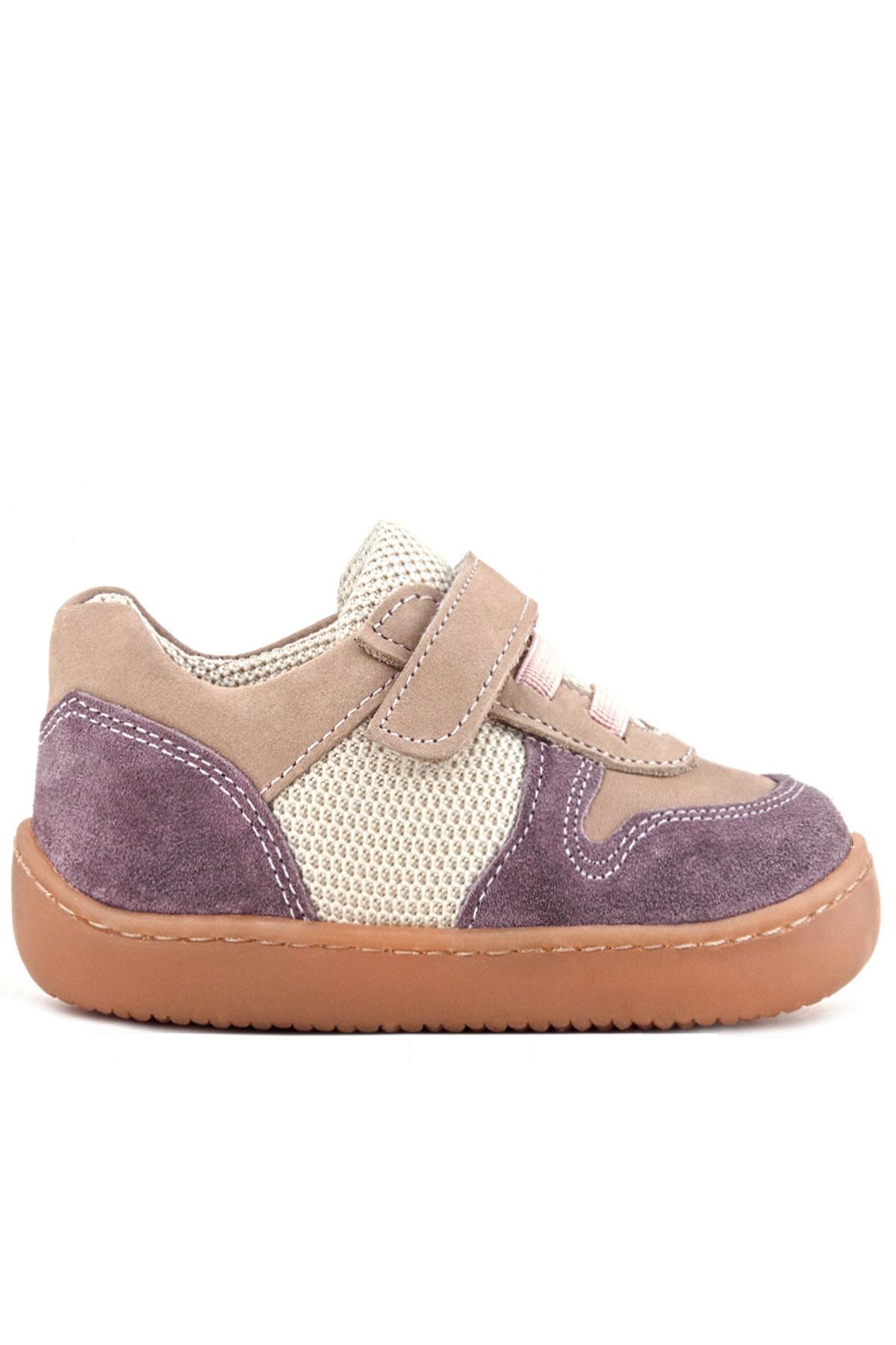 Rakerplus Bob Hakiki Deri Mor Pudra Barefoot Cırtlı Lastikli Bebek Sneaker Ayakkabı