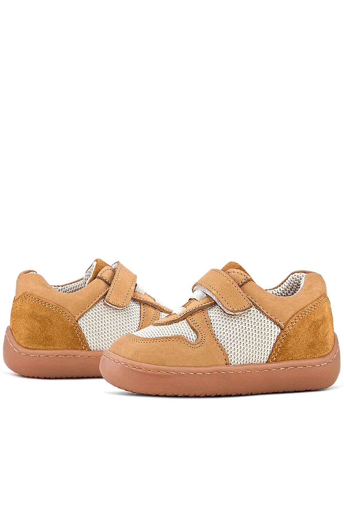 Rakerplus Bob Hakiki Deri Taba Krem Barefoot Cırtlı Lastikli Bebek Sneaker Ayakkabı