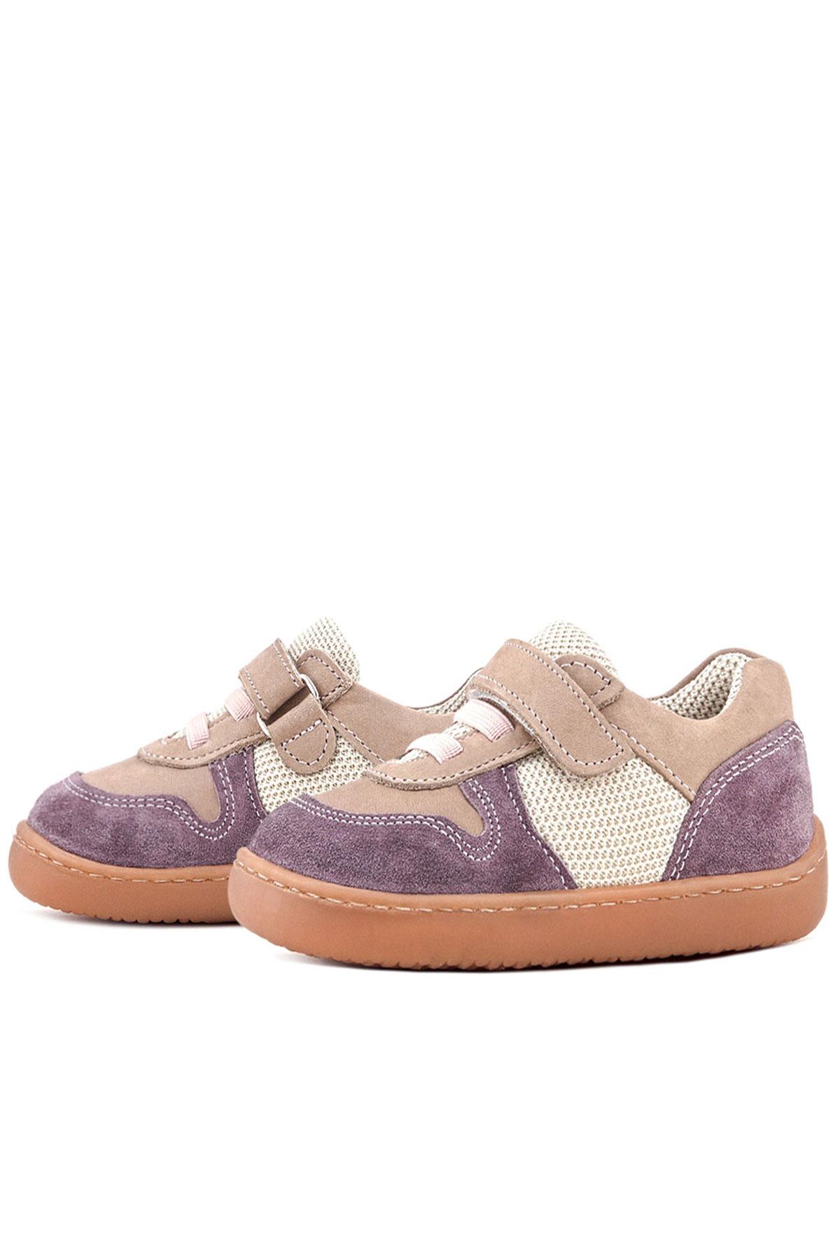Rakerplus Bob Hakiki Deri Mor Pudra Barefoot Cırtlı Lastikli Bebek Sneaker Ayakkabı